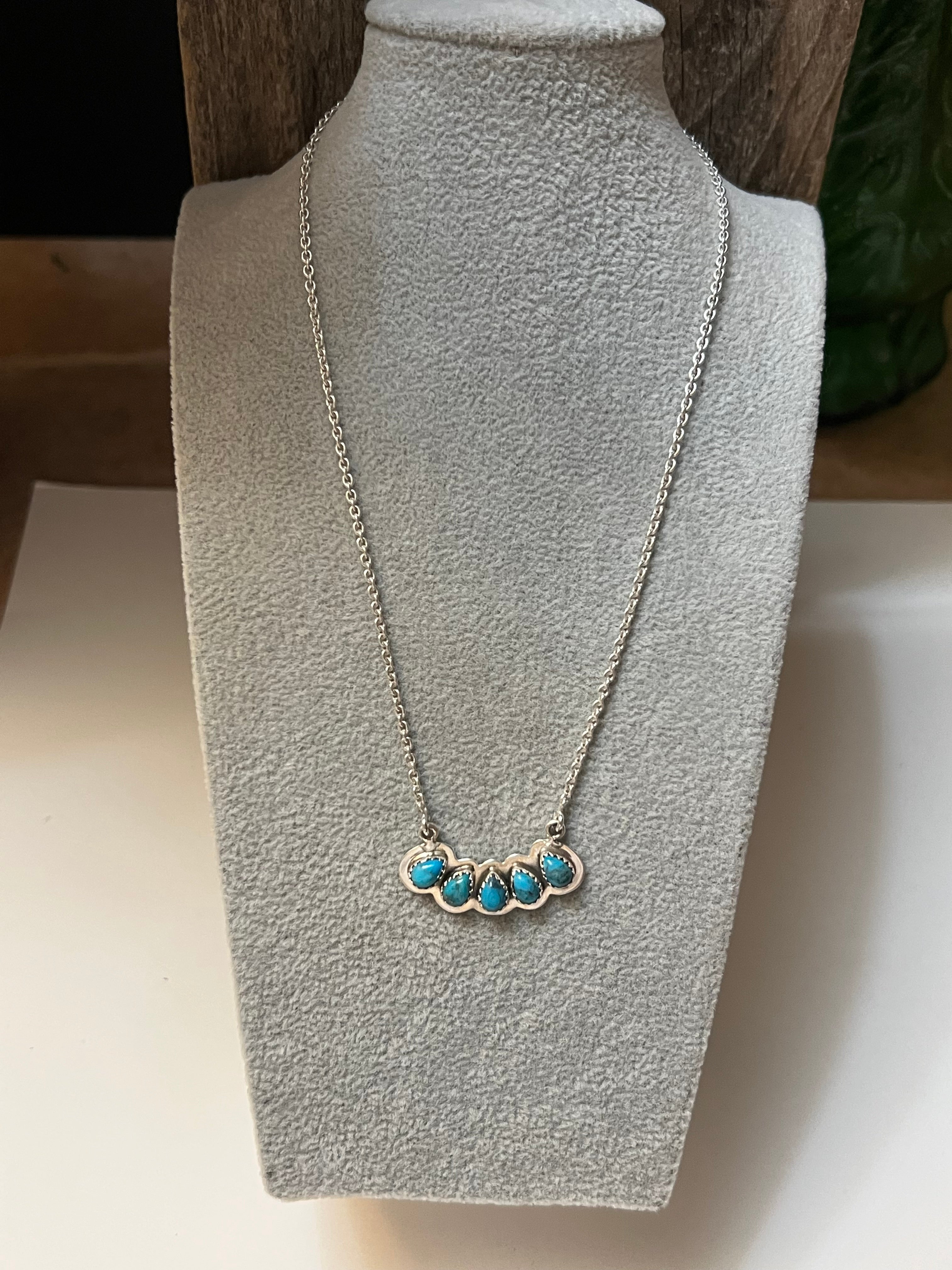 Handmade 5 Stone Turquoise & Sterling Silver Tear Drop Bar Necklace