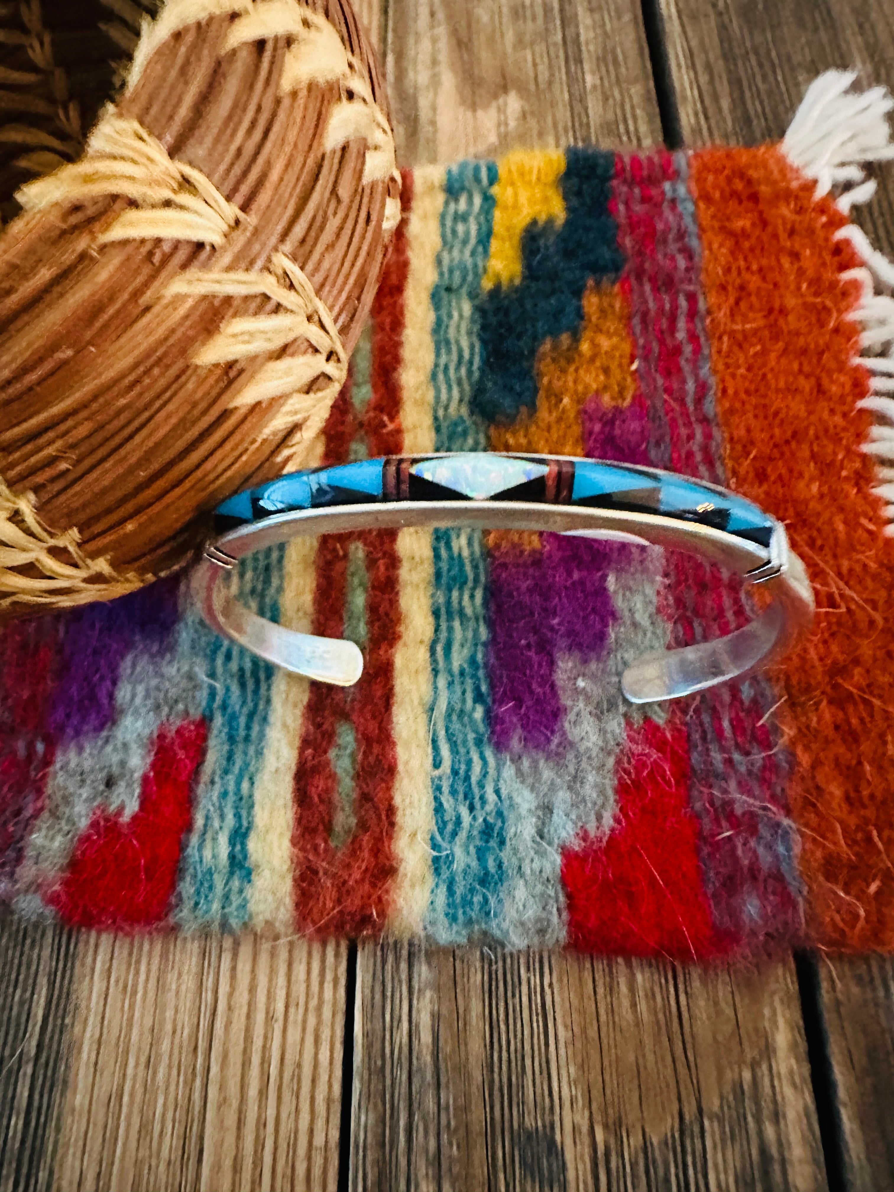 Handcrafted Multi Stone & Sterling Silver Inlay Cuff Bracelet