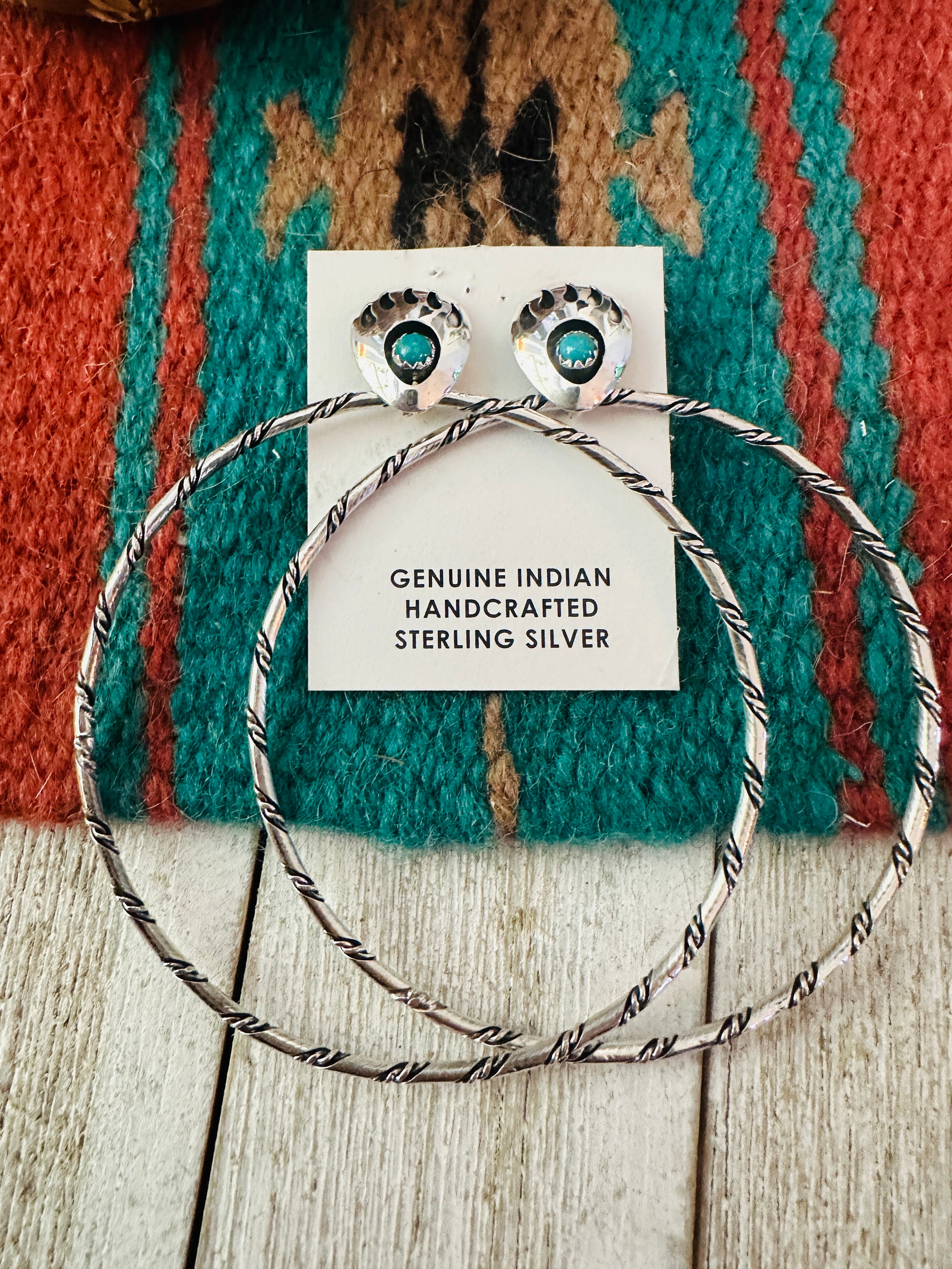 Handcrafted Turquoise & Sterling Silver Bear Paw Hoop Earrings