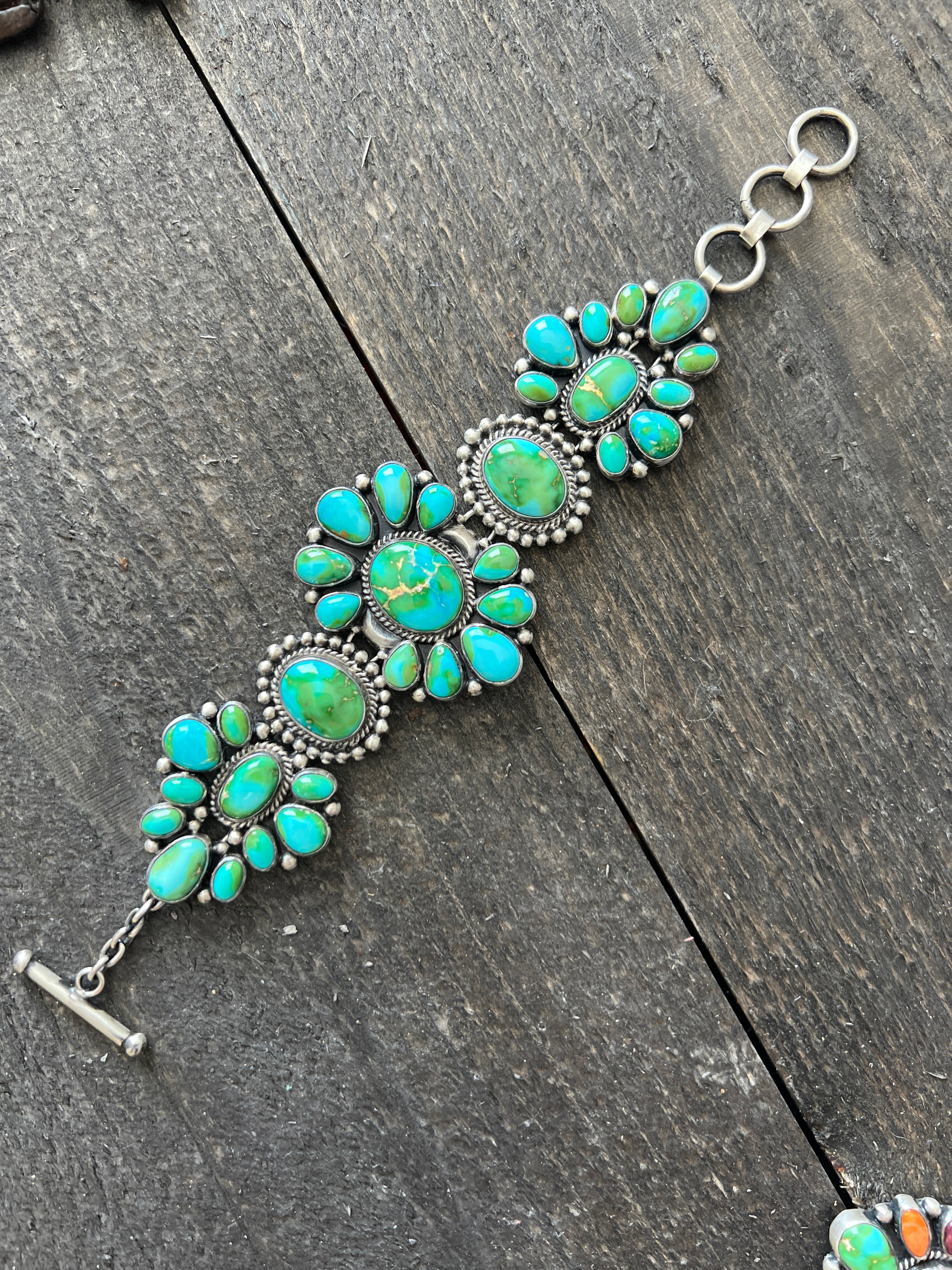 Stunning Sterling Silver, Sonoran Mountain Turquoise and Spiny Oyster Shell Cluster Link Bracelets by Diane Wylie