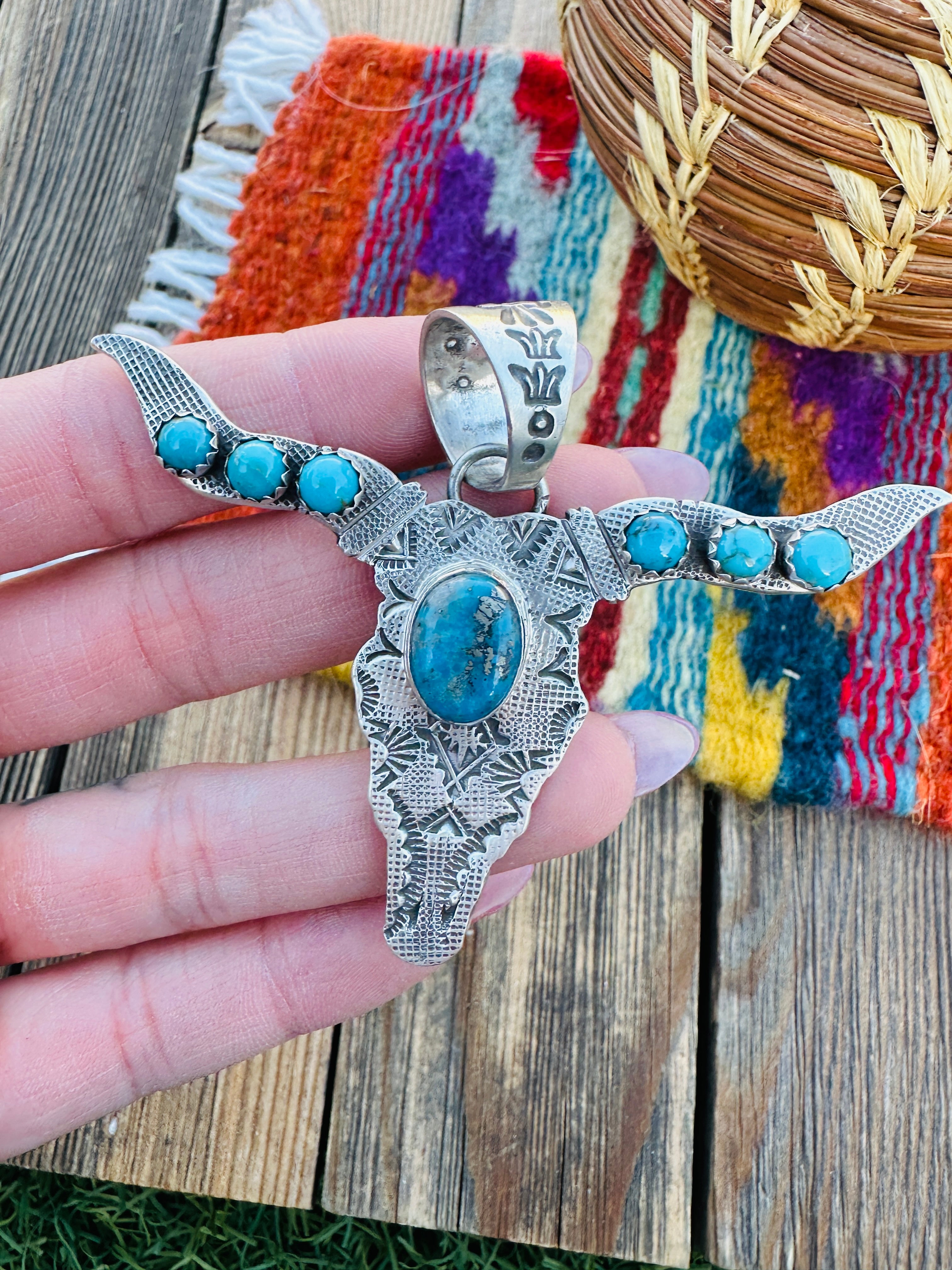 Handcrafted Sterling Silver & Turquoise Bullhead Pendant by Leroy James