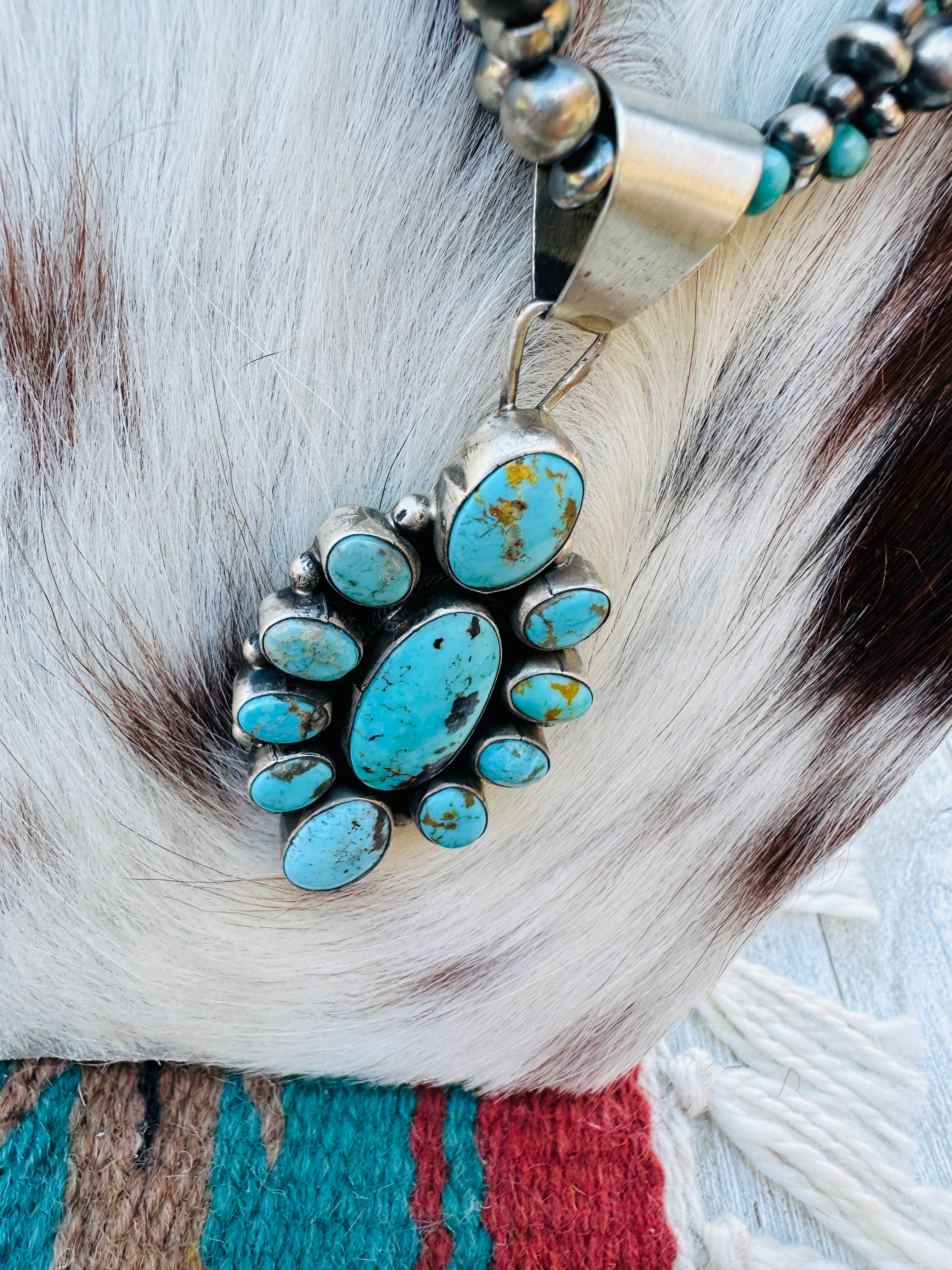 Handcrafted Sterling Silver Pearl and Turquoise Beaded Necklace by Sheila Becenti