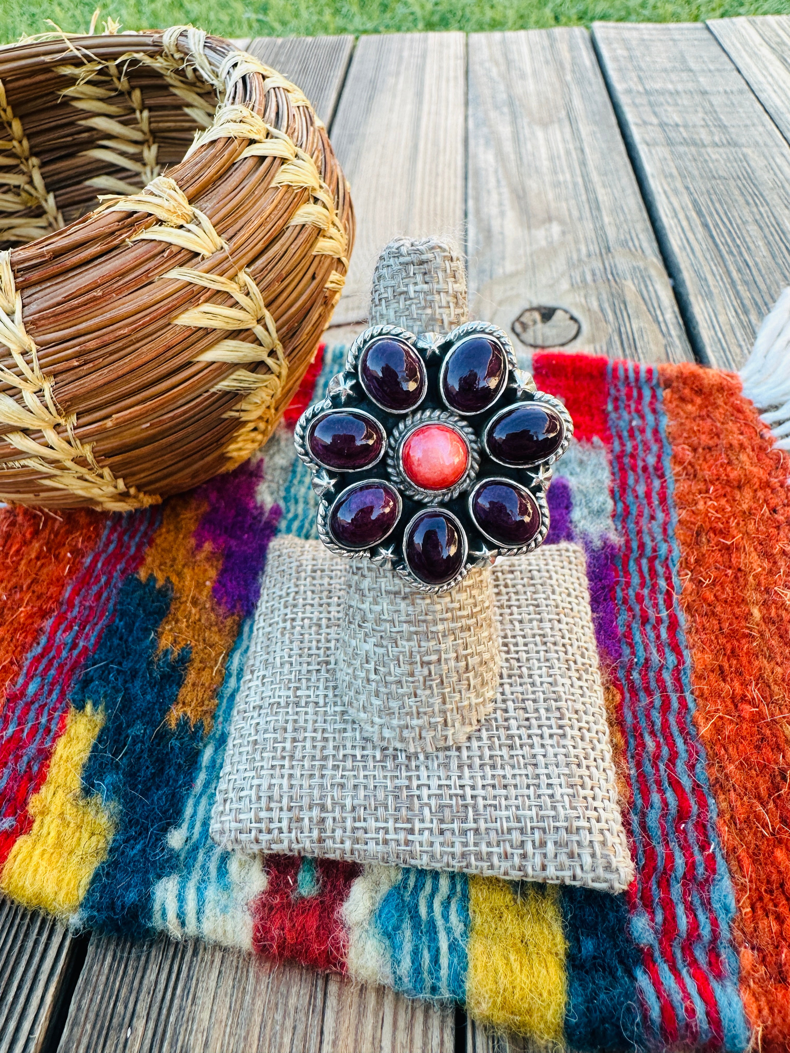 Handcrafted Spiny Oyster & Sterling Silver Cluster Flower Ring Size 7
