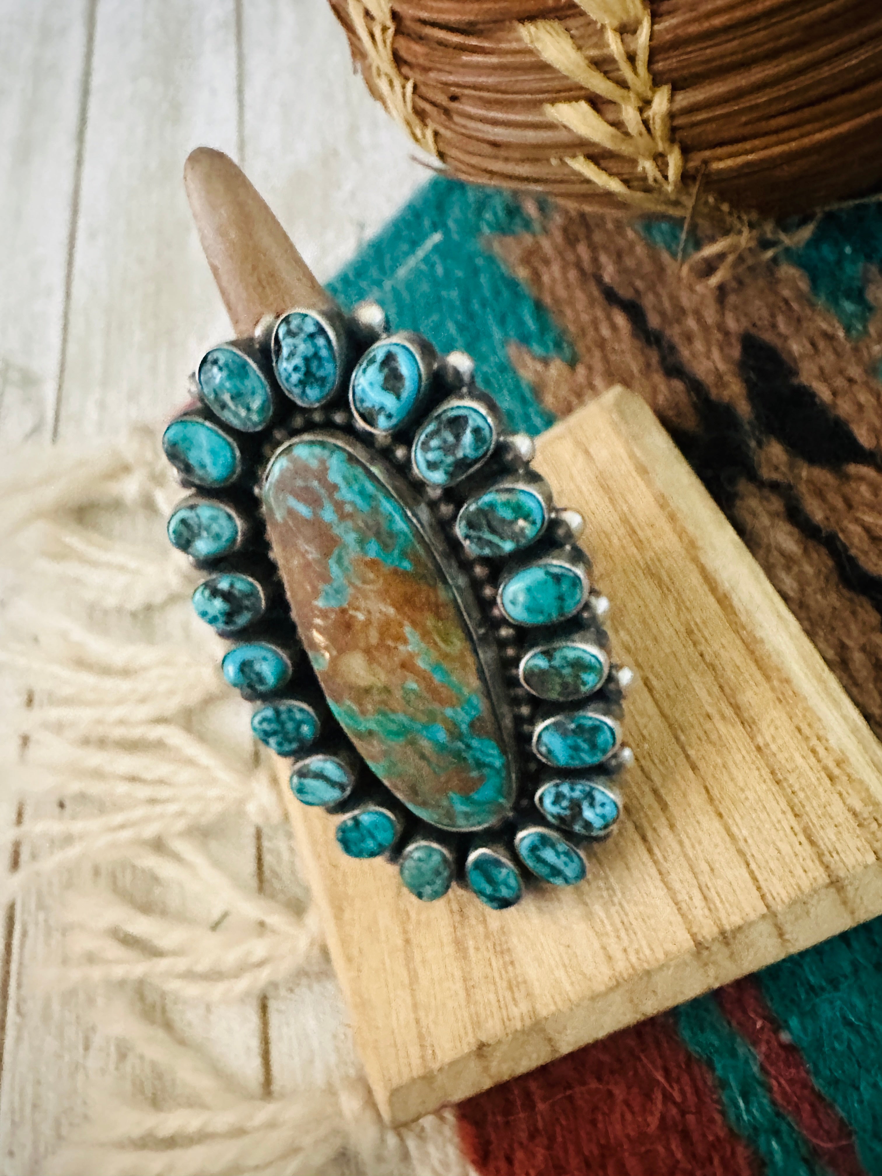 Handcrafted Turquoise & Sterling Silver Cluster Adjustable Ring by Blaine Yellowhorse