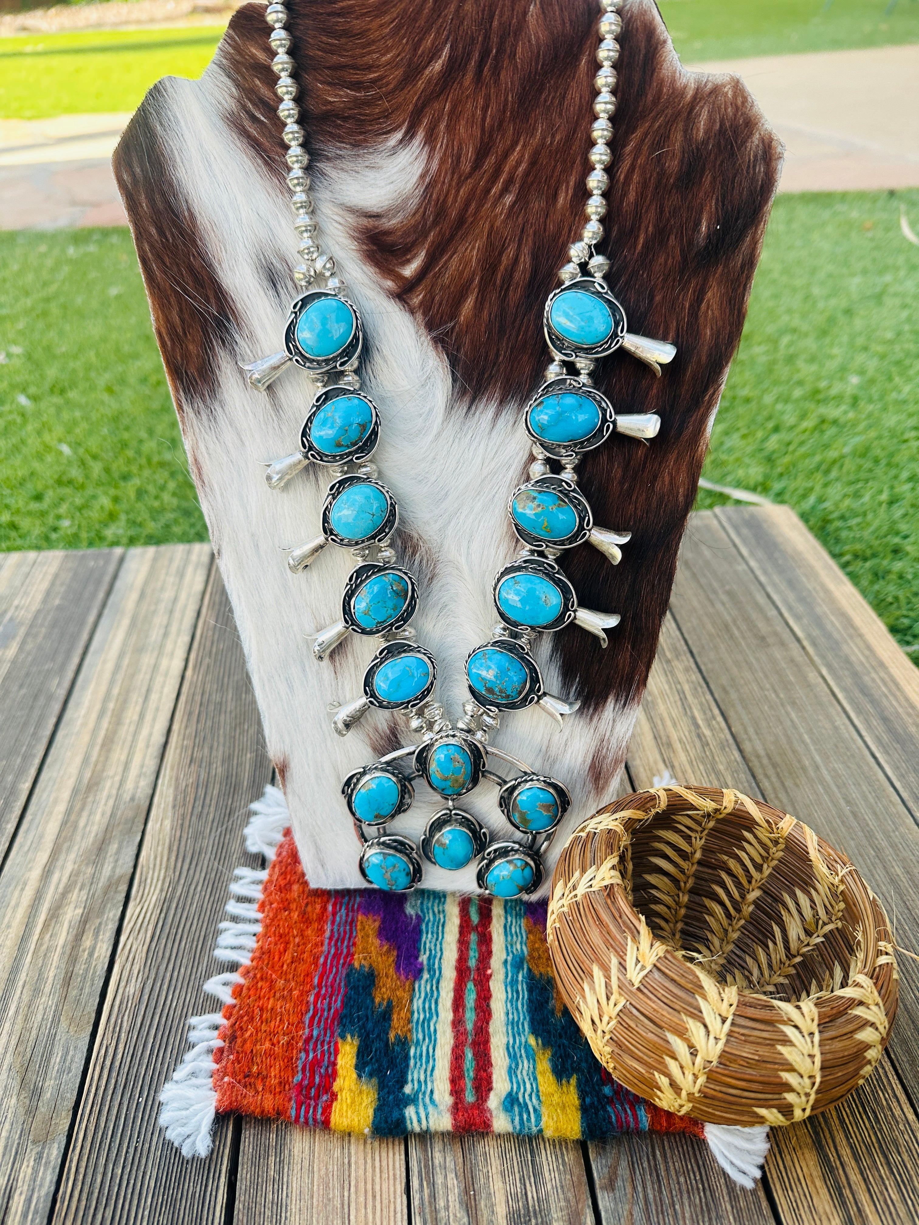 Old Pawn Handcrafted Morenci Turquoise & Sterling Silver Beaded Squash Blossom Necklace by Gilbert Nez