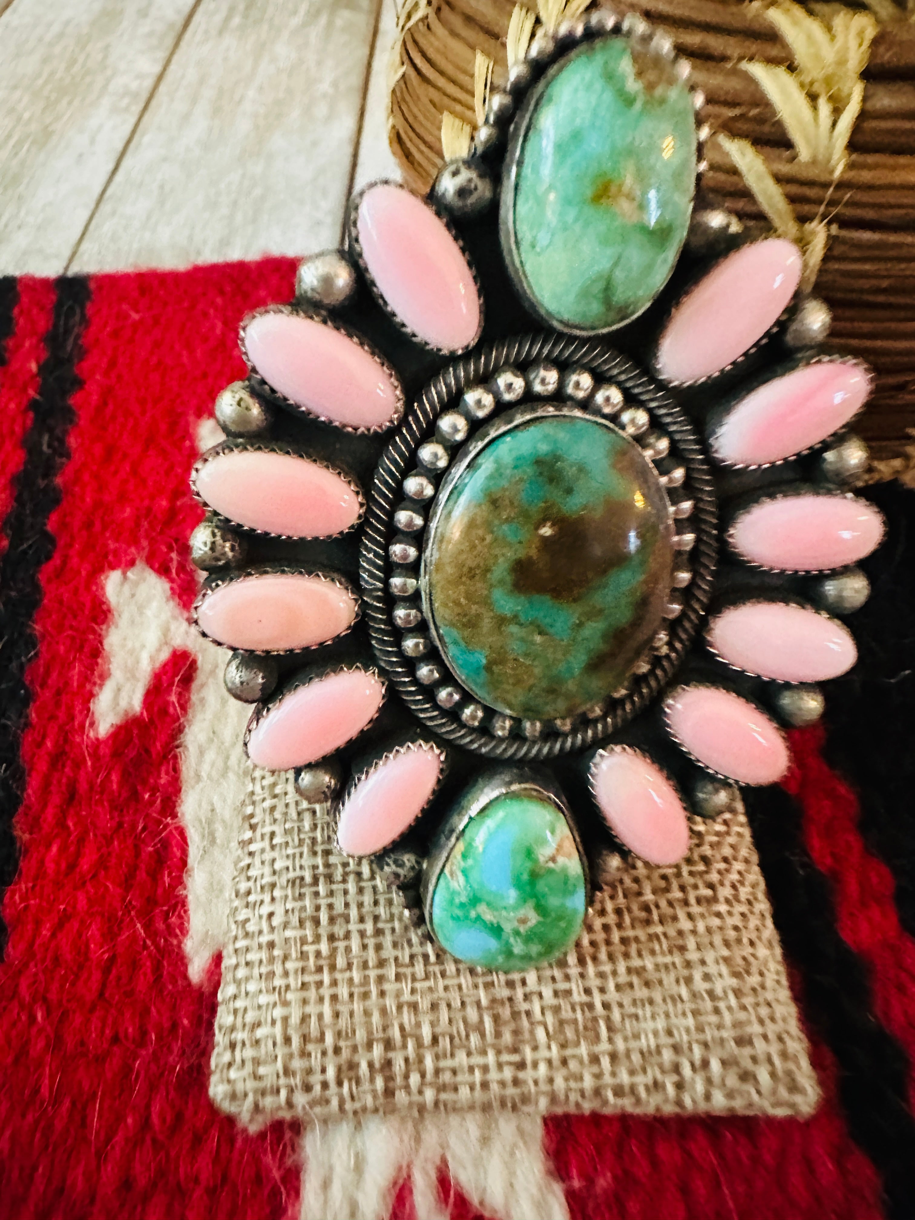 Handcrafted Sterling Silver, Queen Pink Conch & Turquoise Cluster Adjustable Ring by Hemerson Brown