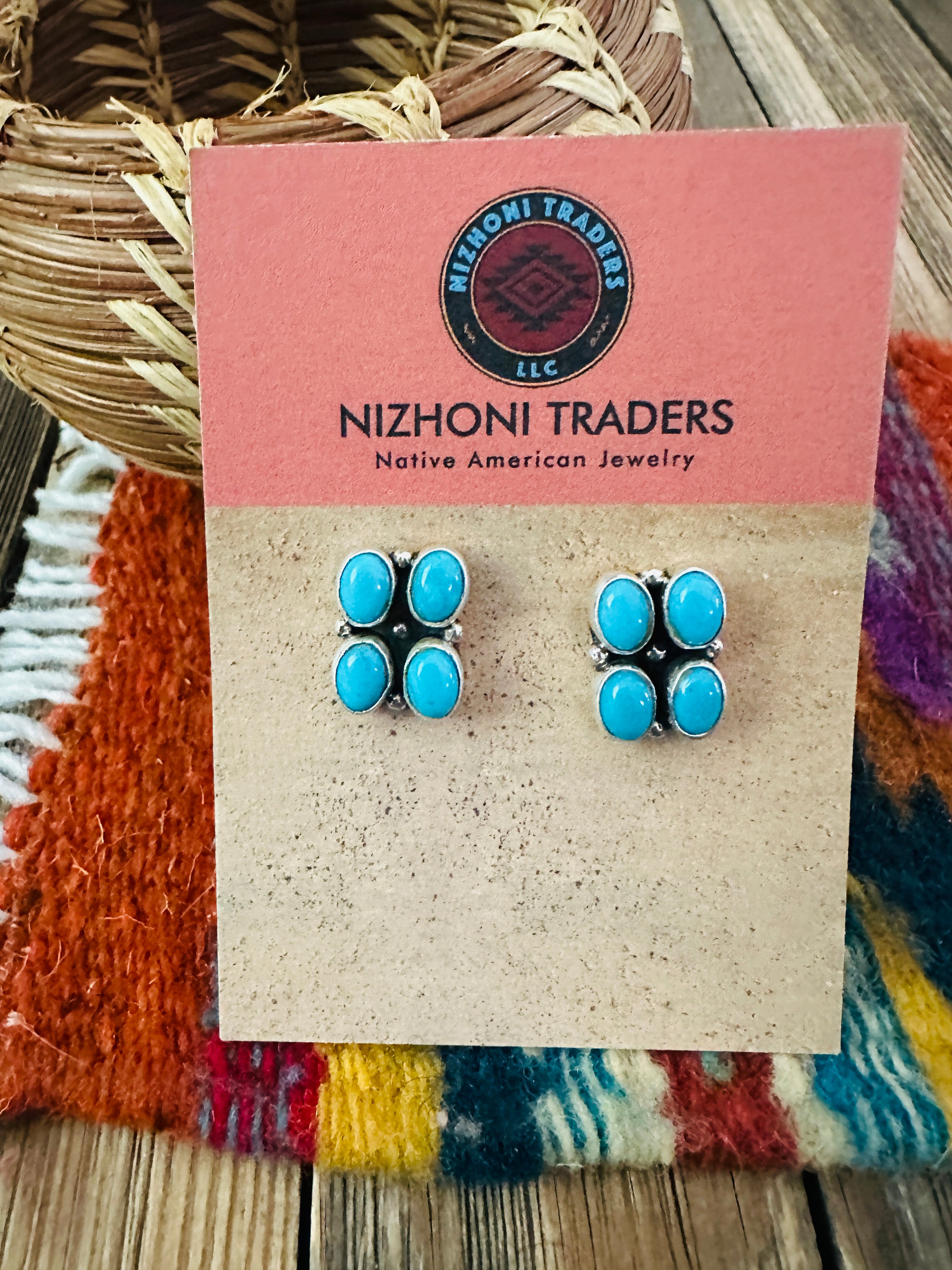 Handcrafted Turquoise & Sterling Silver Cluster Post Earrings