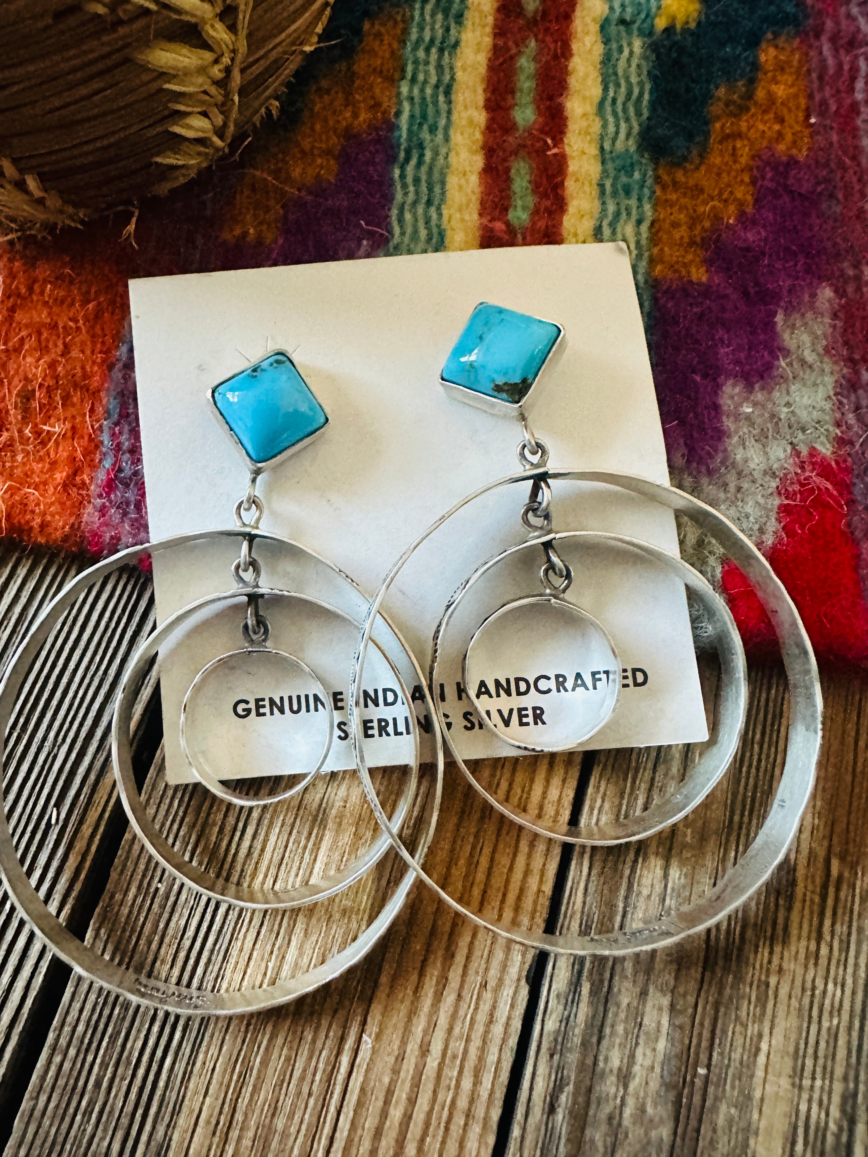 Handcrafted Turquoise & Sterling Silver Dangle Hoop Earrings by Leroy James