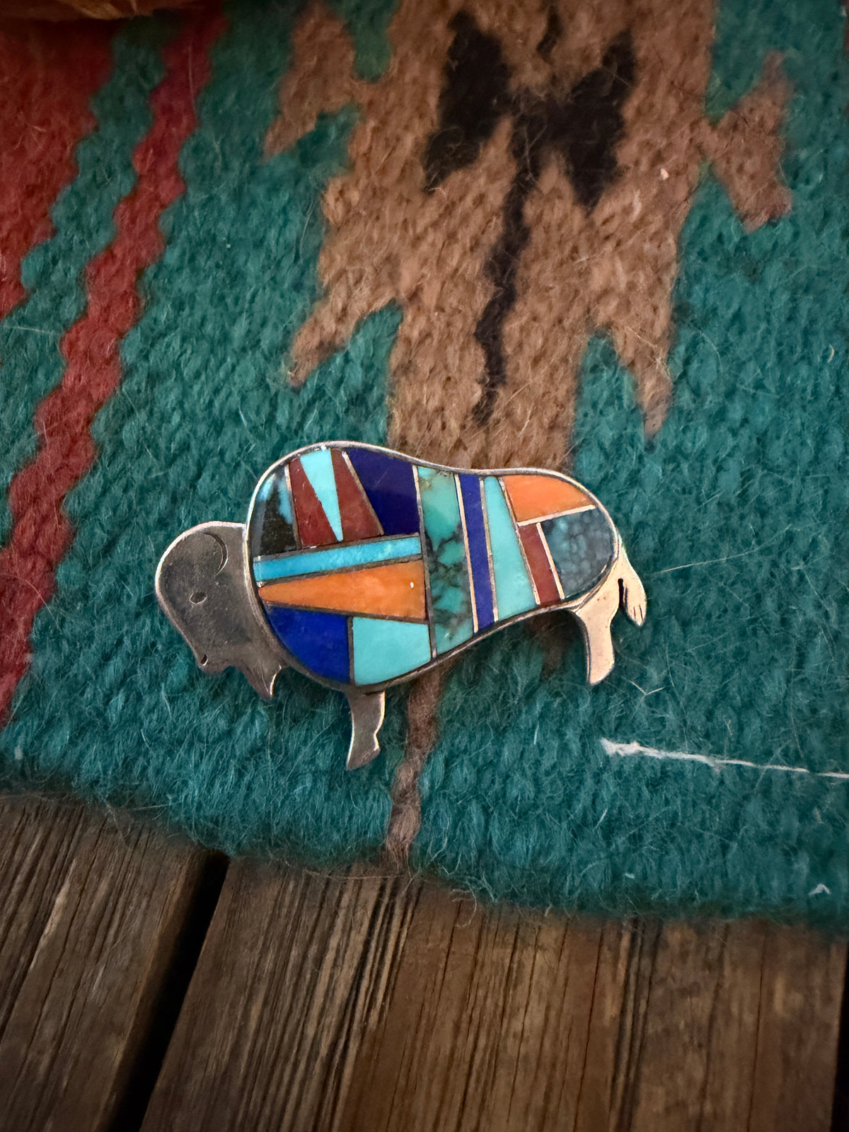 Old Pawn Handcrafted Multi Stone & Sterling Silver Inlay Buffalo Pendant/Brooch
