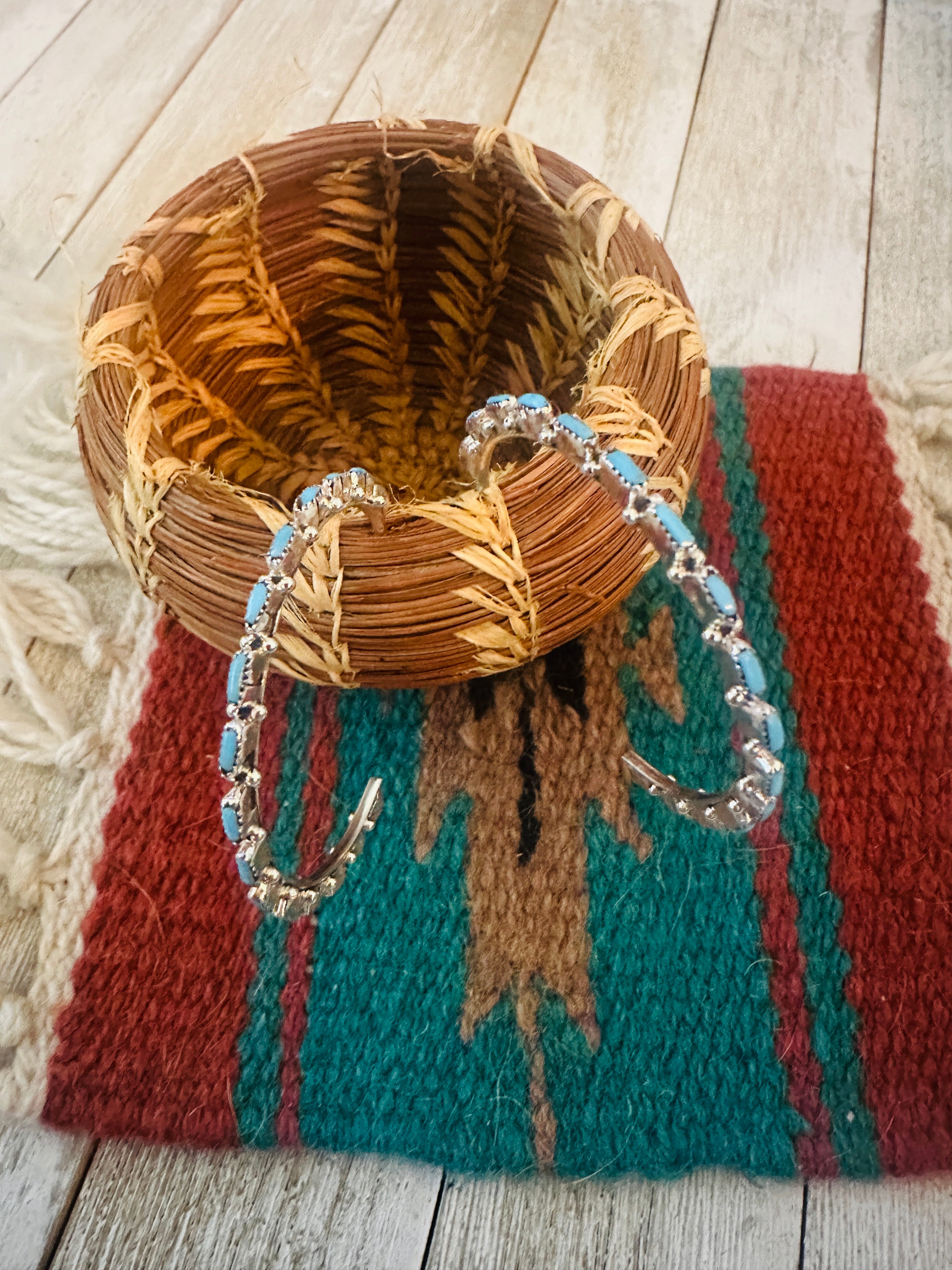 Handcrafted Turquoise & Sterling Silver Needlepoint Hoop Earrings
