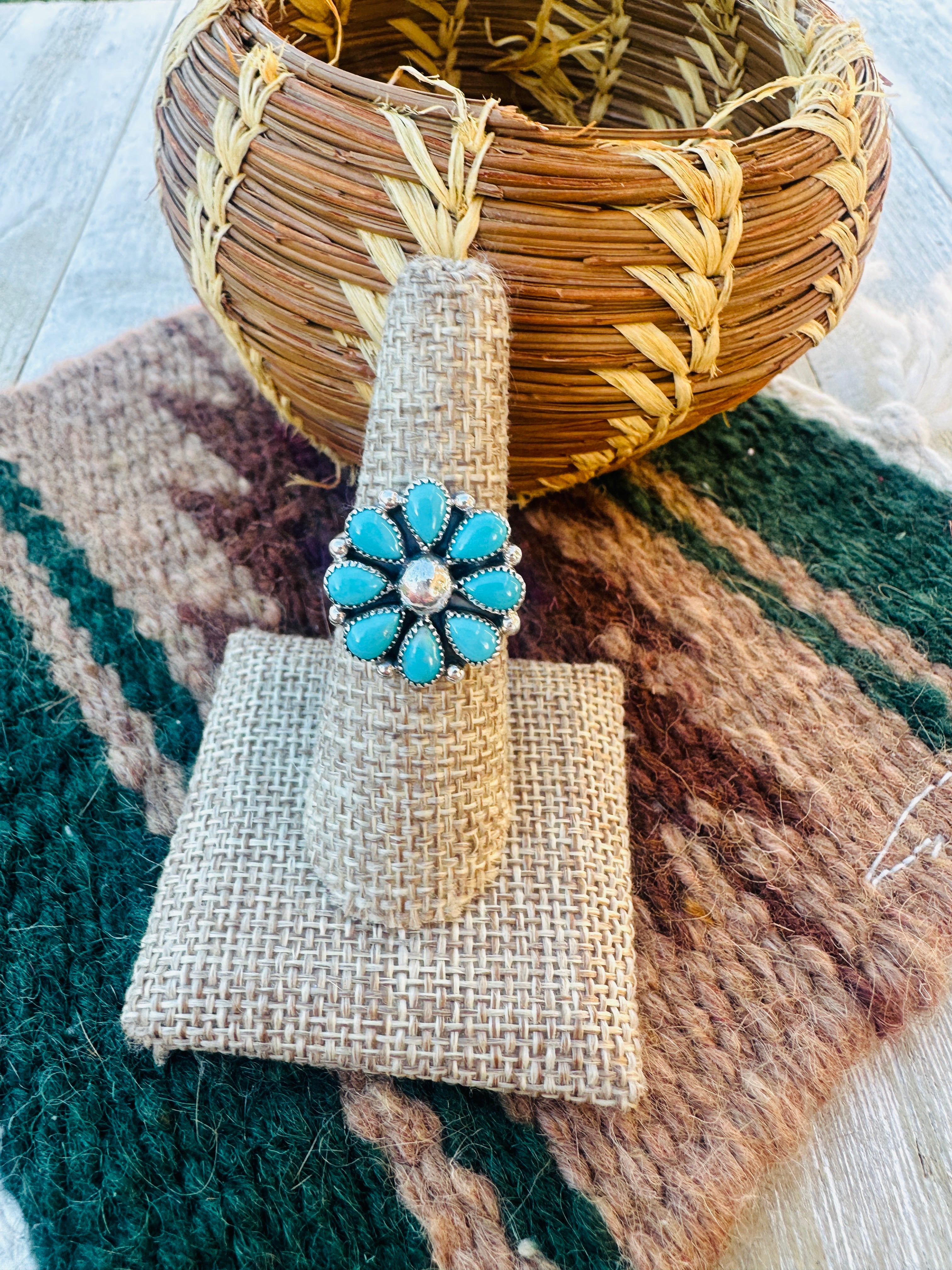 Handcrafted Turquoise Flower & Sterling Silver Cluster Ring