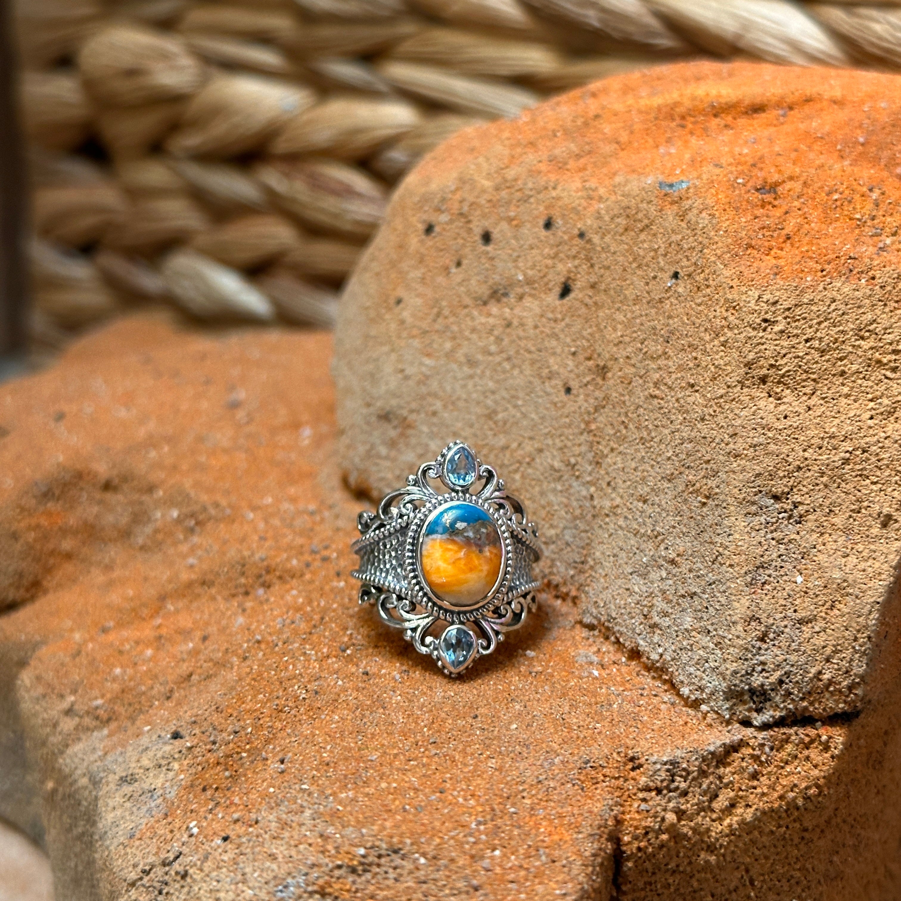 Sterling Silver Orange Spiny Turquoise & Swiss Blue Topaz Ring Size 7