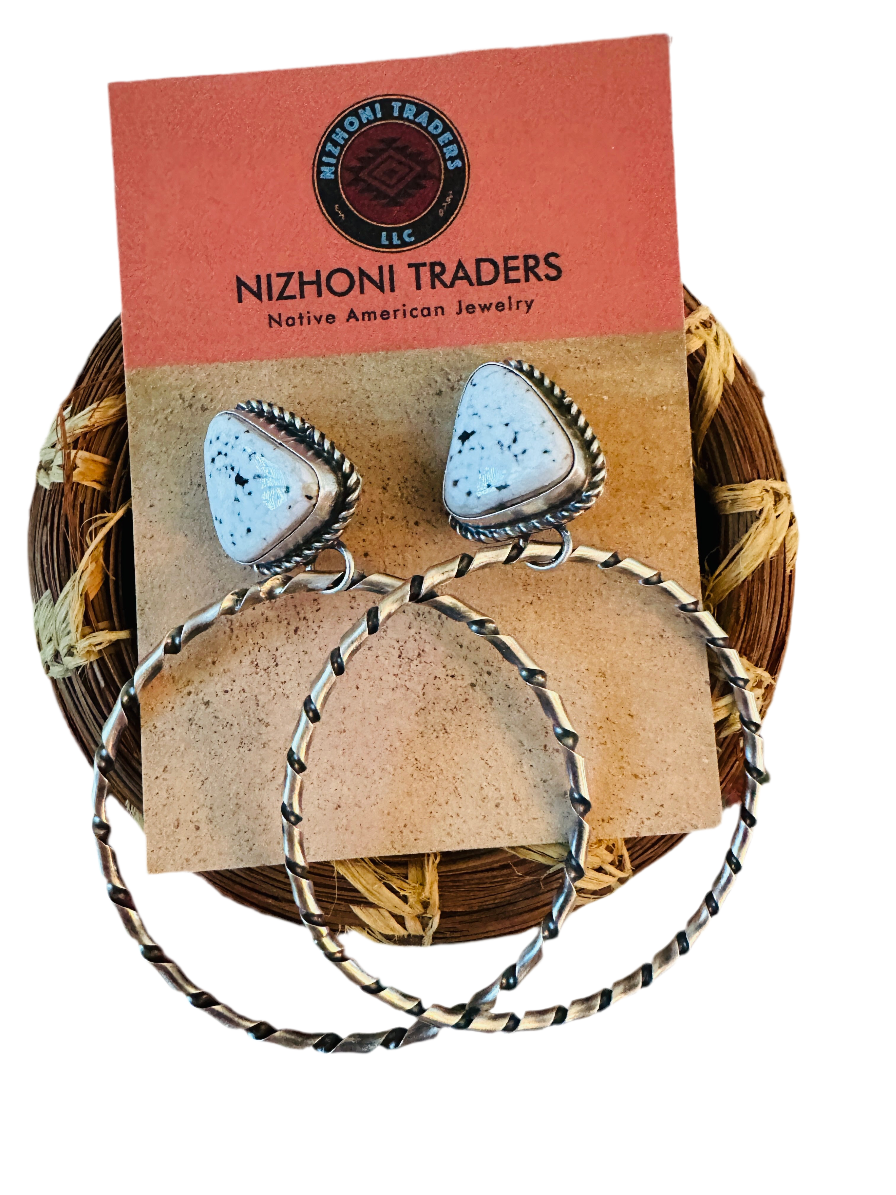 Navajo White Buffalo and Sterling Silver Dangle Hoop Earrings