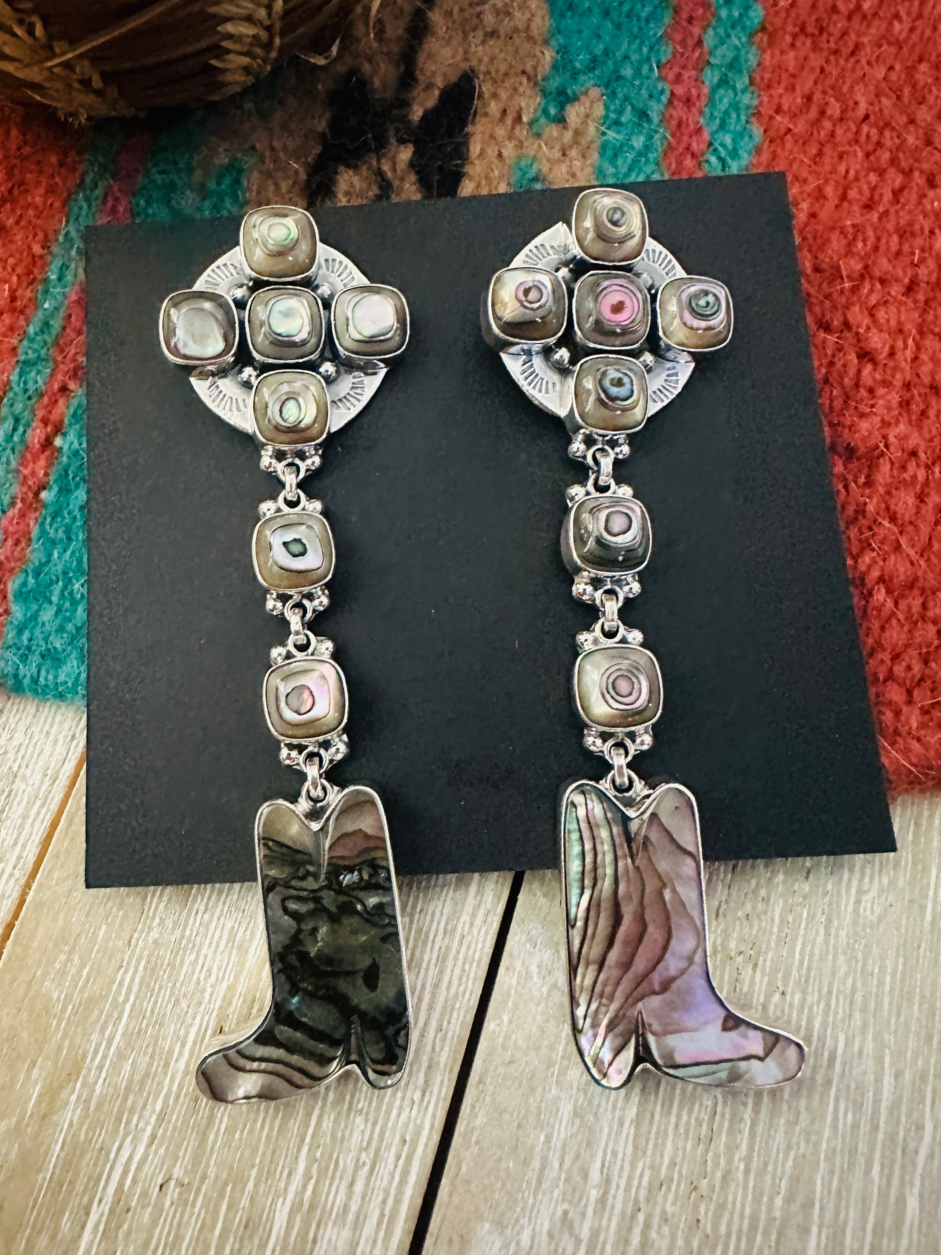 Handcrafted Abalone & Sterling Silver Cowboy Boot Dangle Earrings by Federico Jimenez