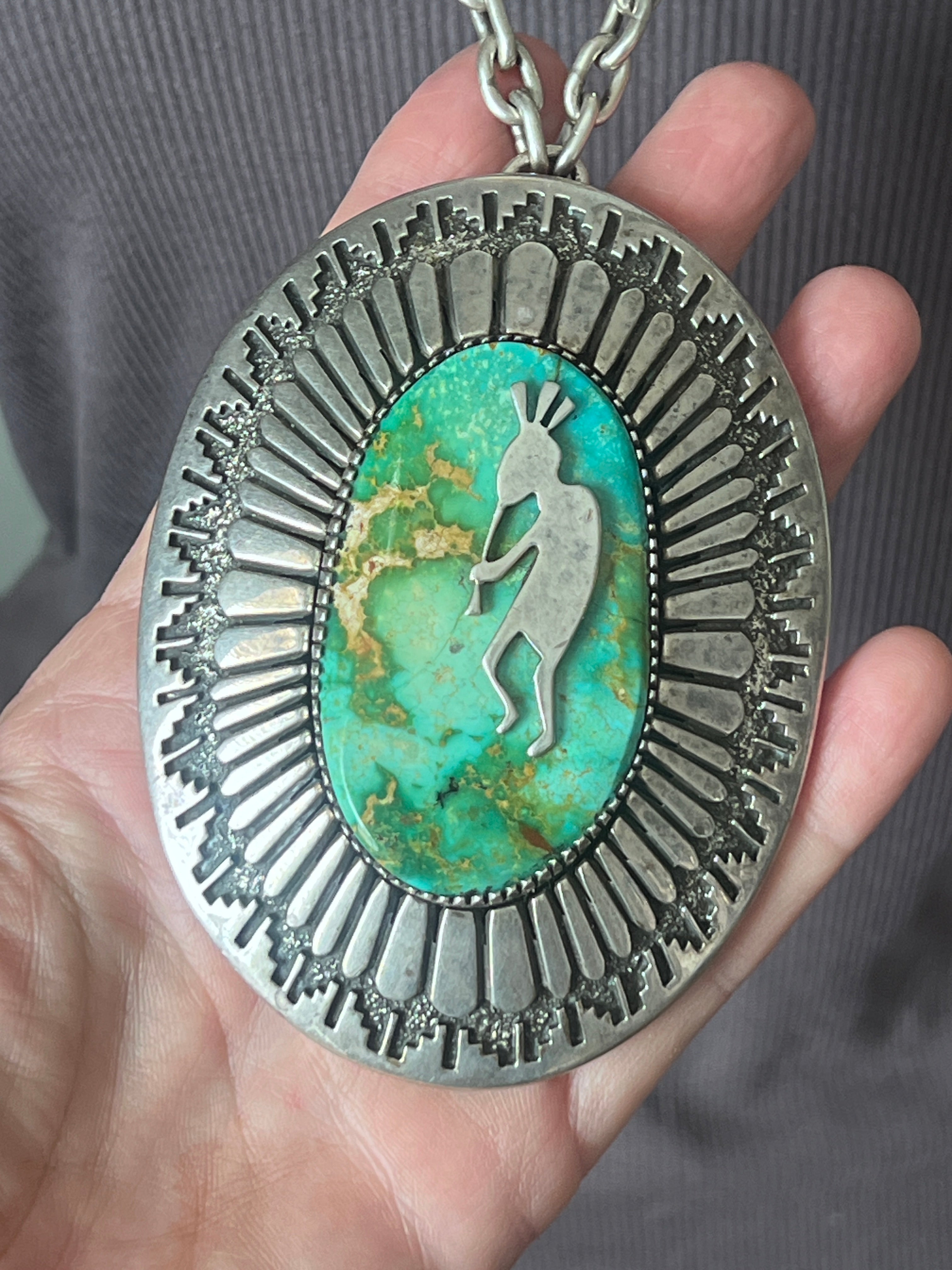 Vintage Handcrafted Sterling Silver and Royston Turquoise Kokopelli Necklace by Tommy Jackson