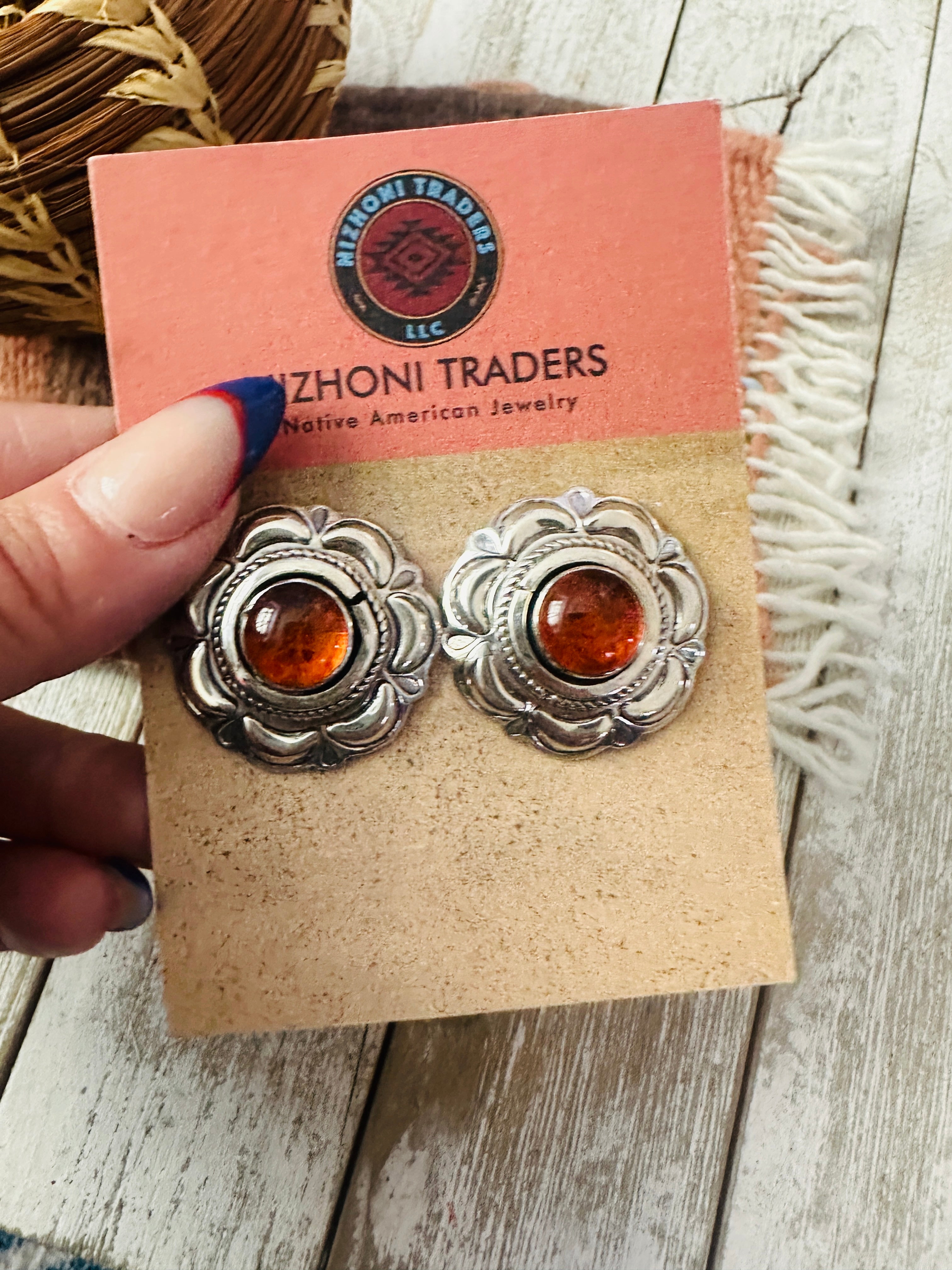 Handcrafted Old Pawn Sterling Silver & Amber Flower Post Earrings