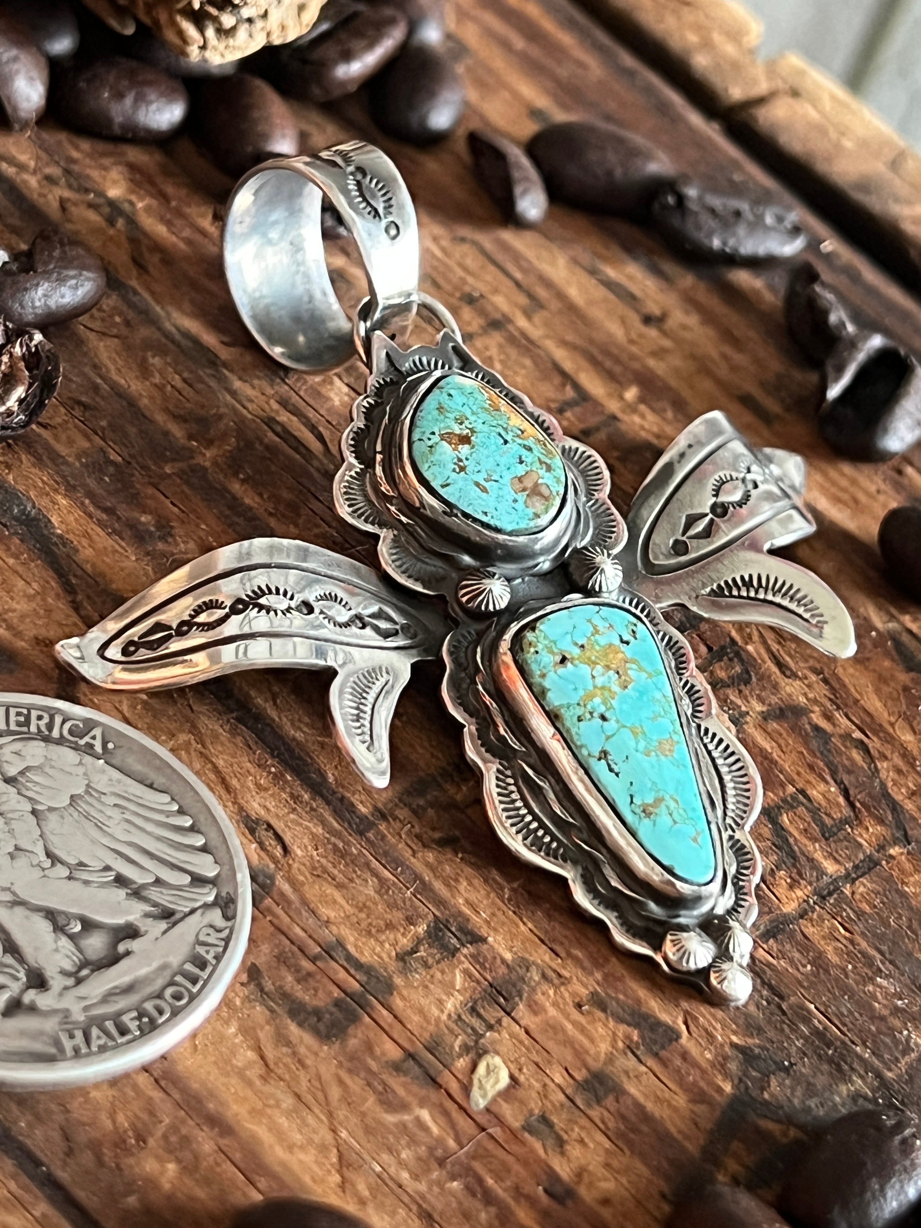 Sterling Silver and Turquoise Winged Bug Pendant by Kimari Somers