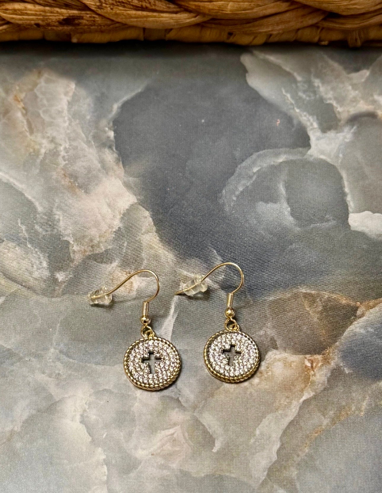 14k Gold Plated CZ Cross Dangle Wire Earrings