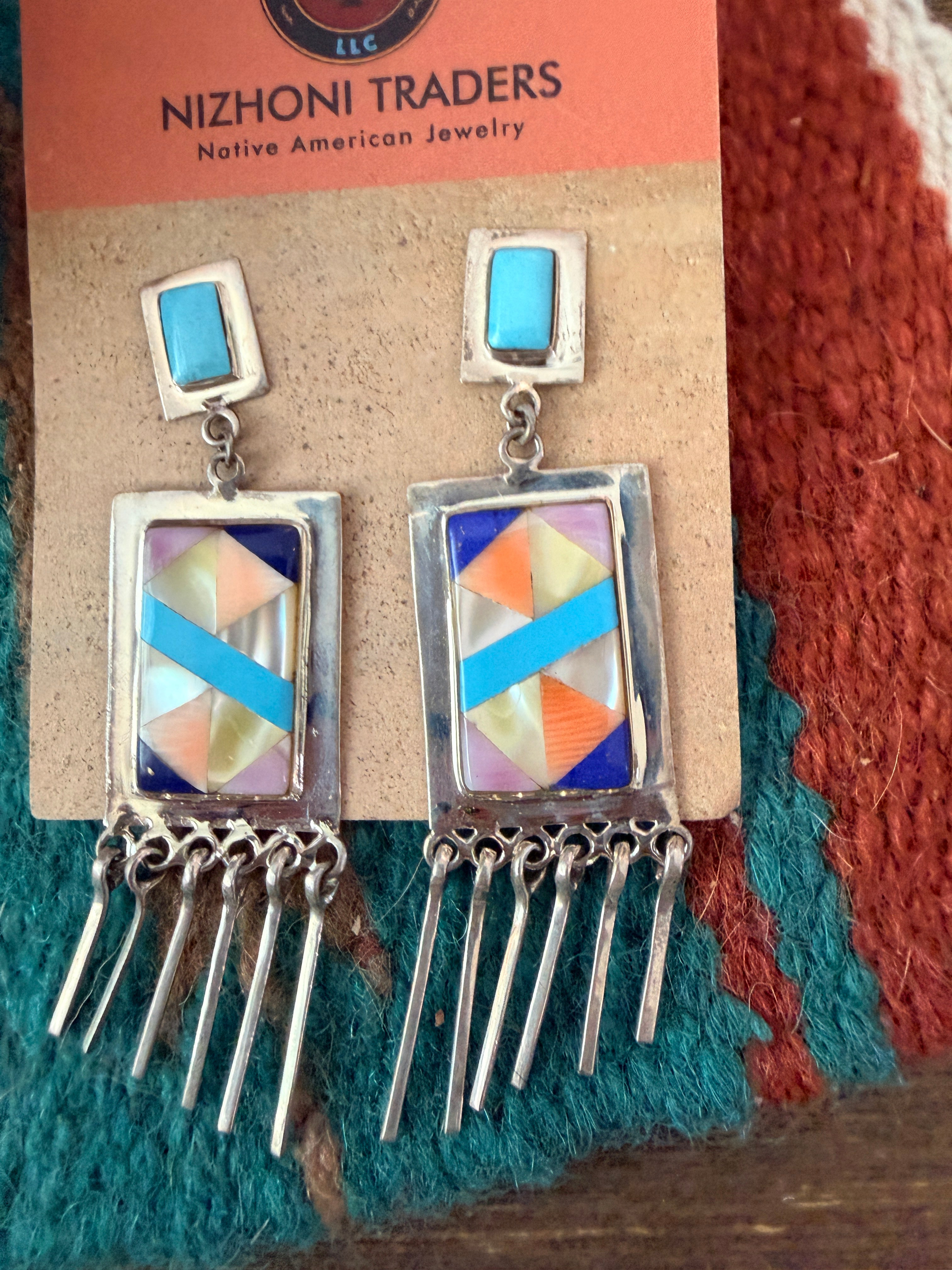 Old Pawn Handcrafted Sterling Silver & Multi Stone Inlay Tassel Dangle Earrings