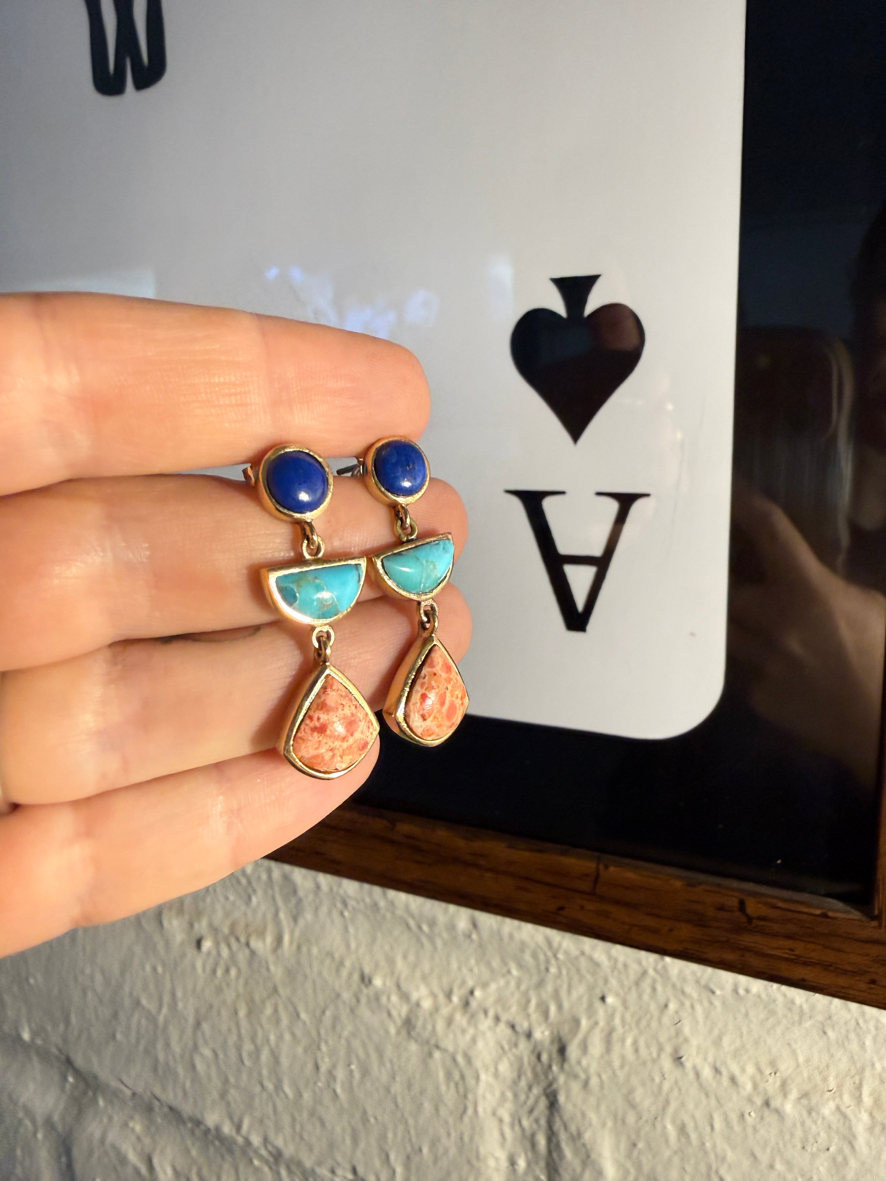 “The Golden Collection” Handmade Gold Plated Sterling Silver, Lapis, Orange Sponge Coral & Turquoise 3 STONE Post Dangle Earrings