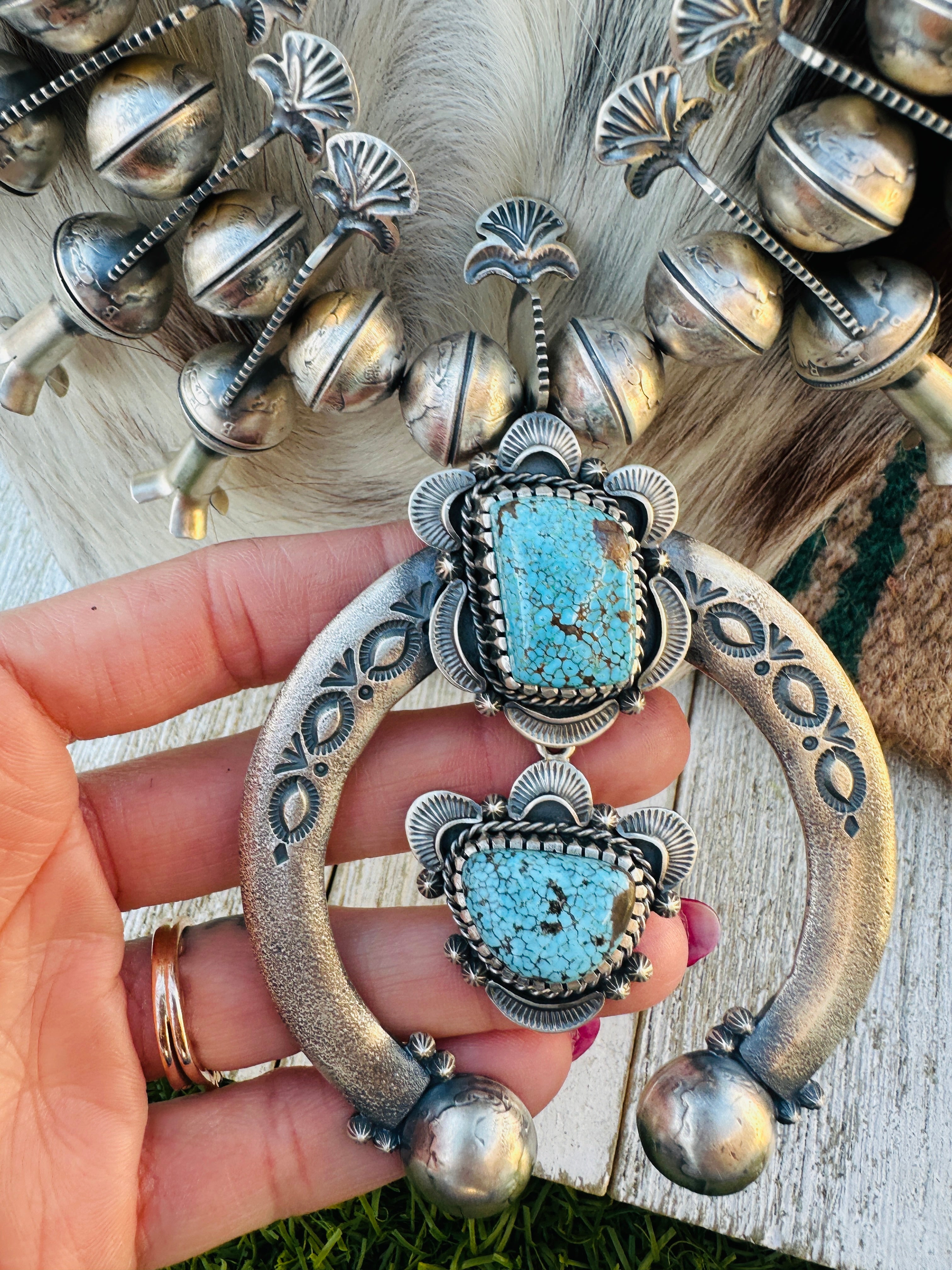 Handcrafted Vintage Old Pawn Turquoise & Sterling Silver Beaded Squash Blossom Necklace by James McCabe