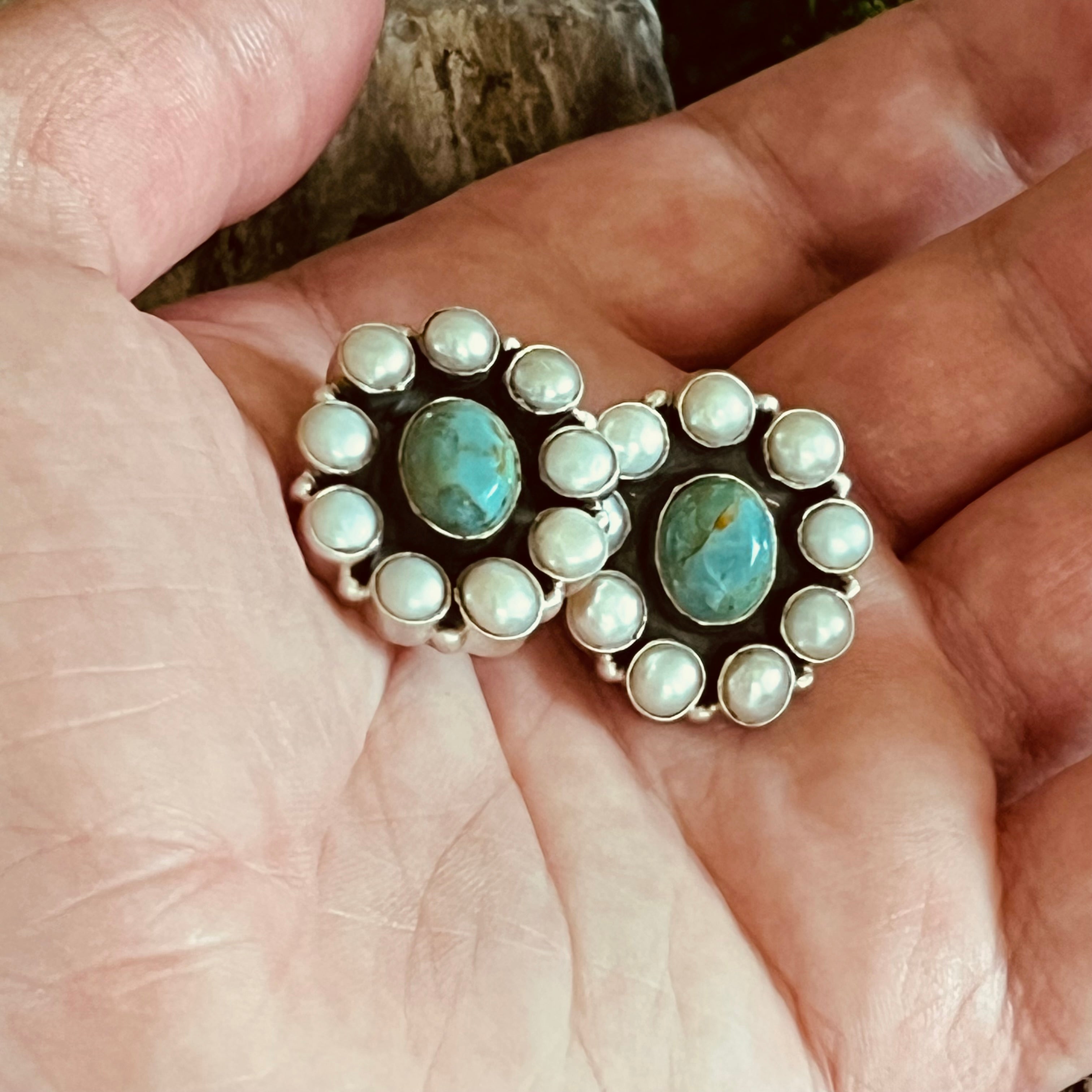 Handmade Sterling Silver Turquoise & Mother of Pearl Cluster Stud Earrings