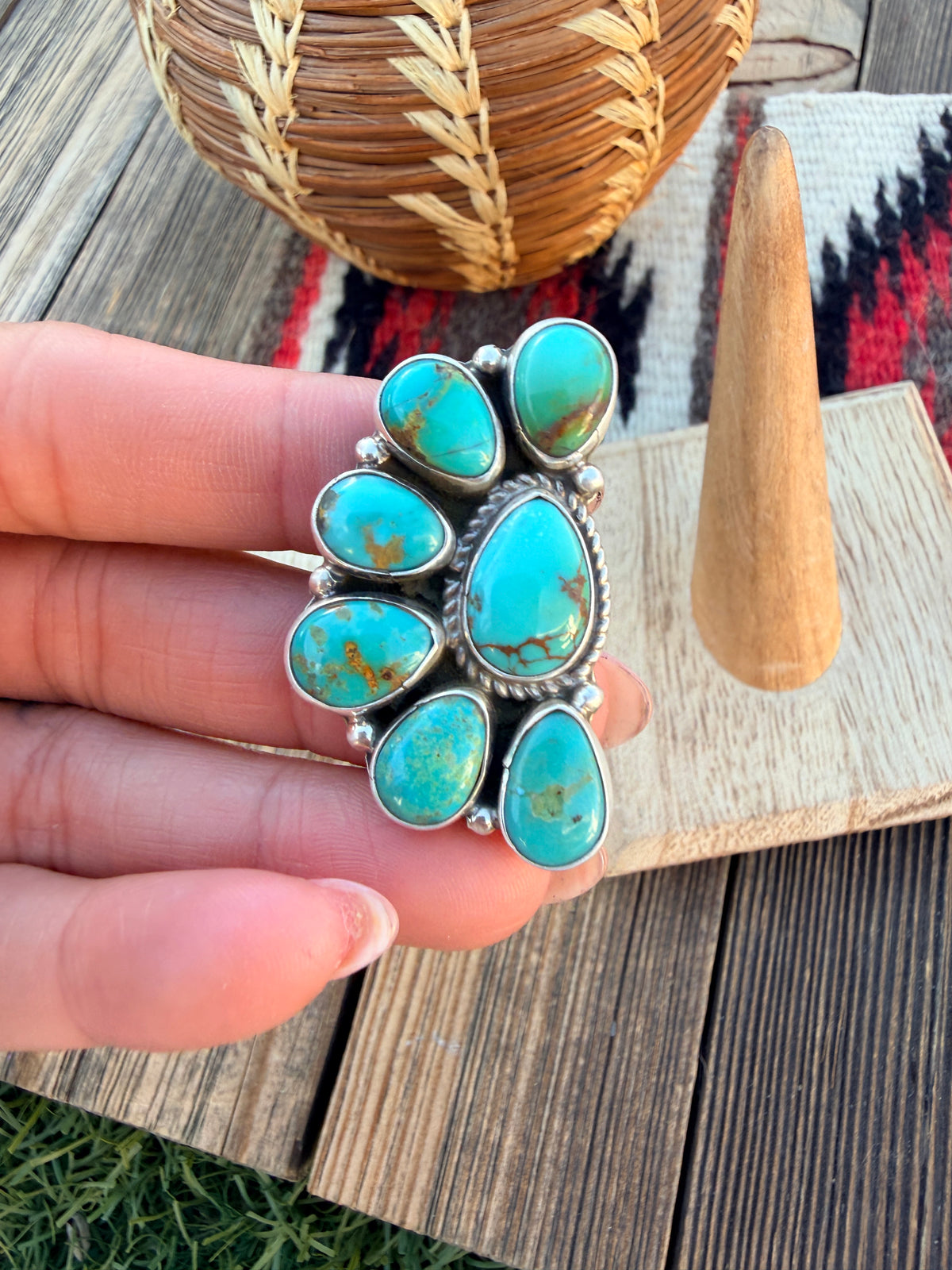 Handcrafted Turquoise & Sterling Silver Cluster Adjustable Ring by Geraldine James