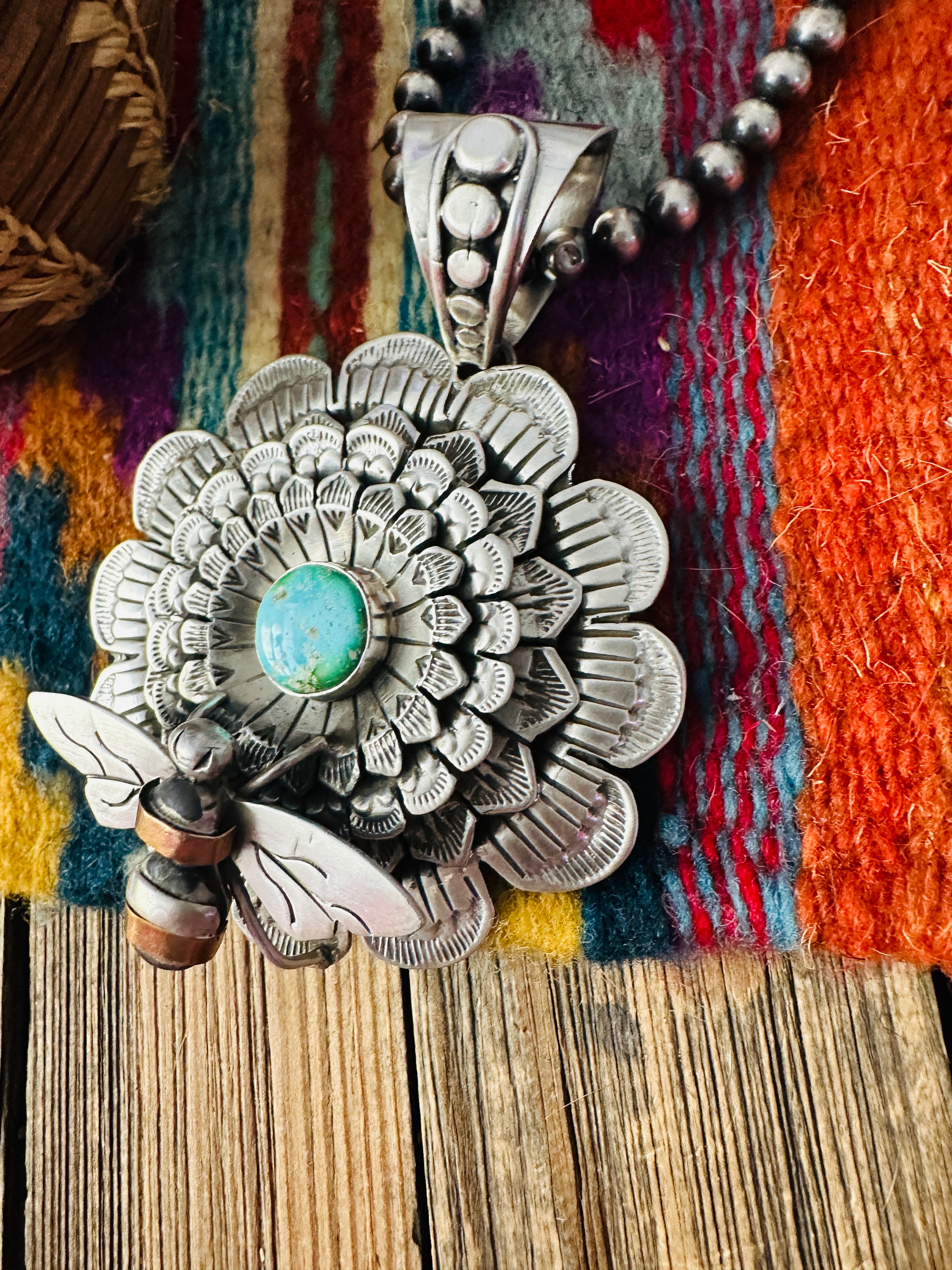 Handcrafted Sterling Silver & Turquoise Flower Bumblebee Pendant by Patrick Yazzie