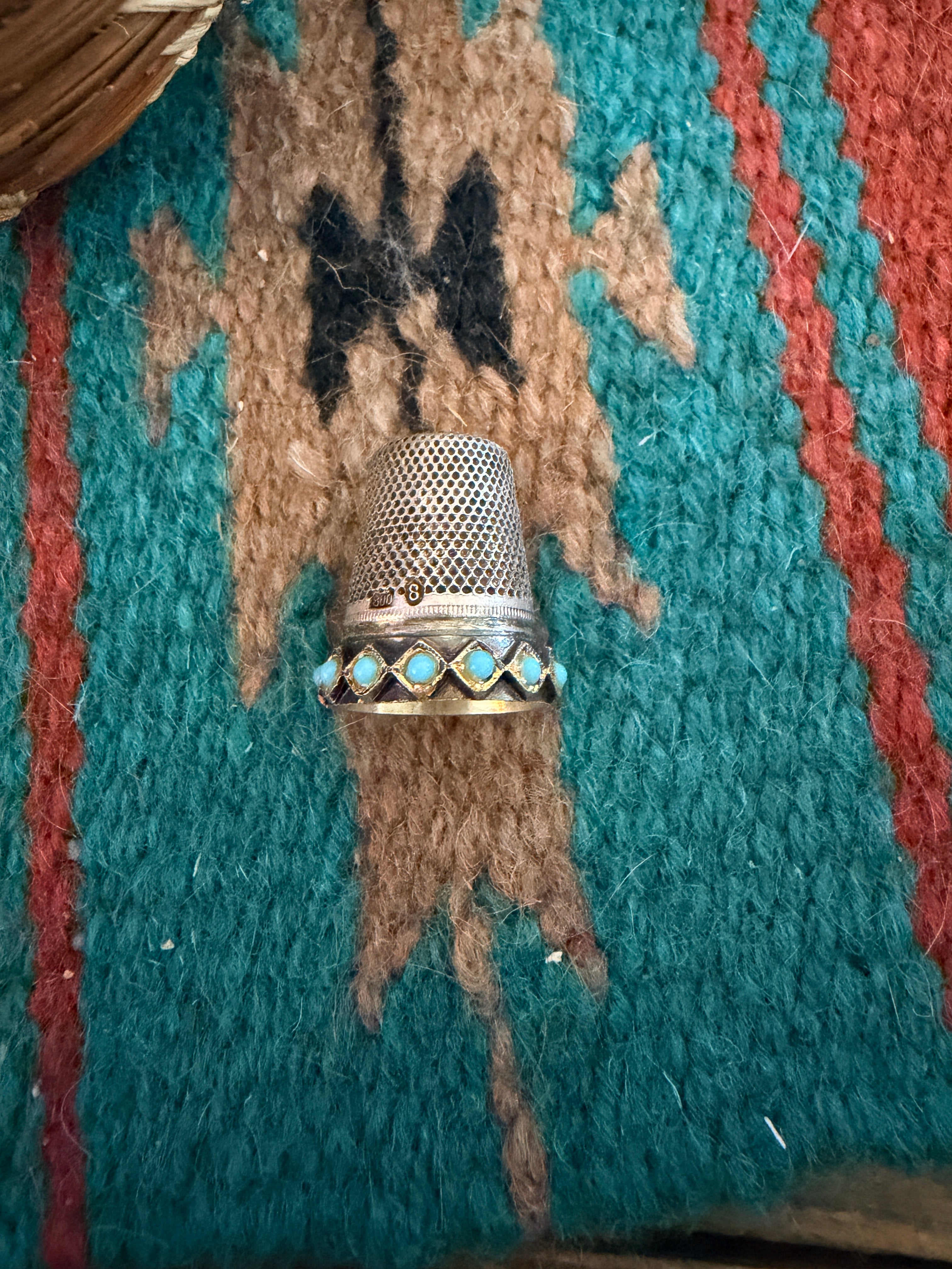 Handcrafted Vintage Old Pawn Sterling Silver and Turquoise Thimble