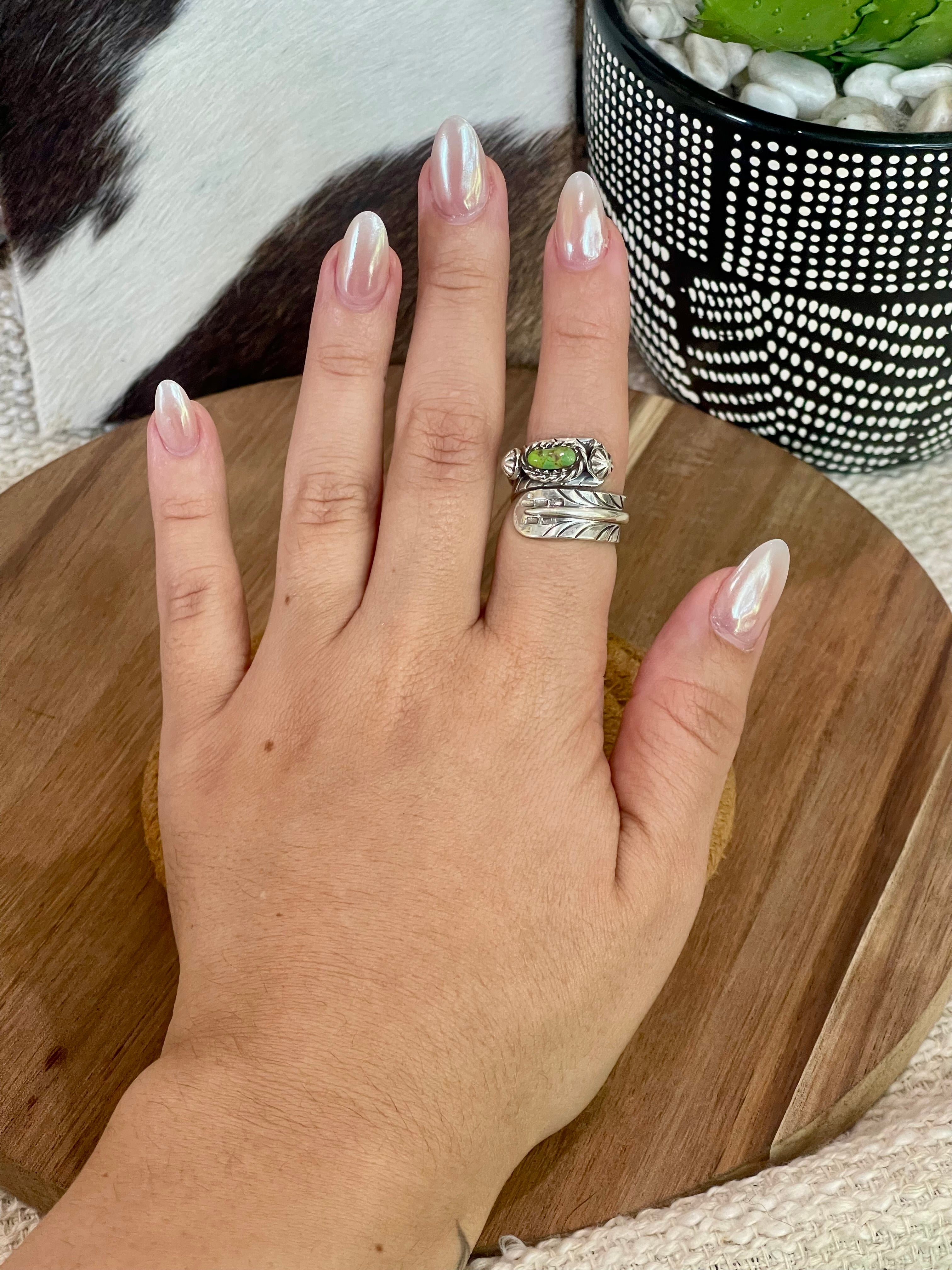 Handmade Sterling Silver & Sonoran Turquoise Adjustable Feather Ring