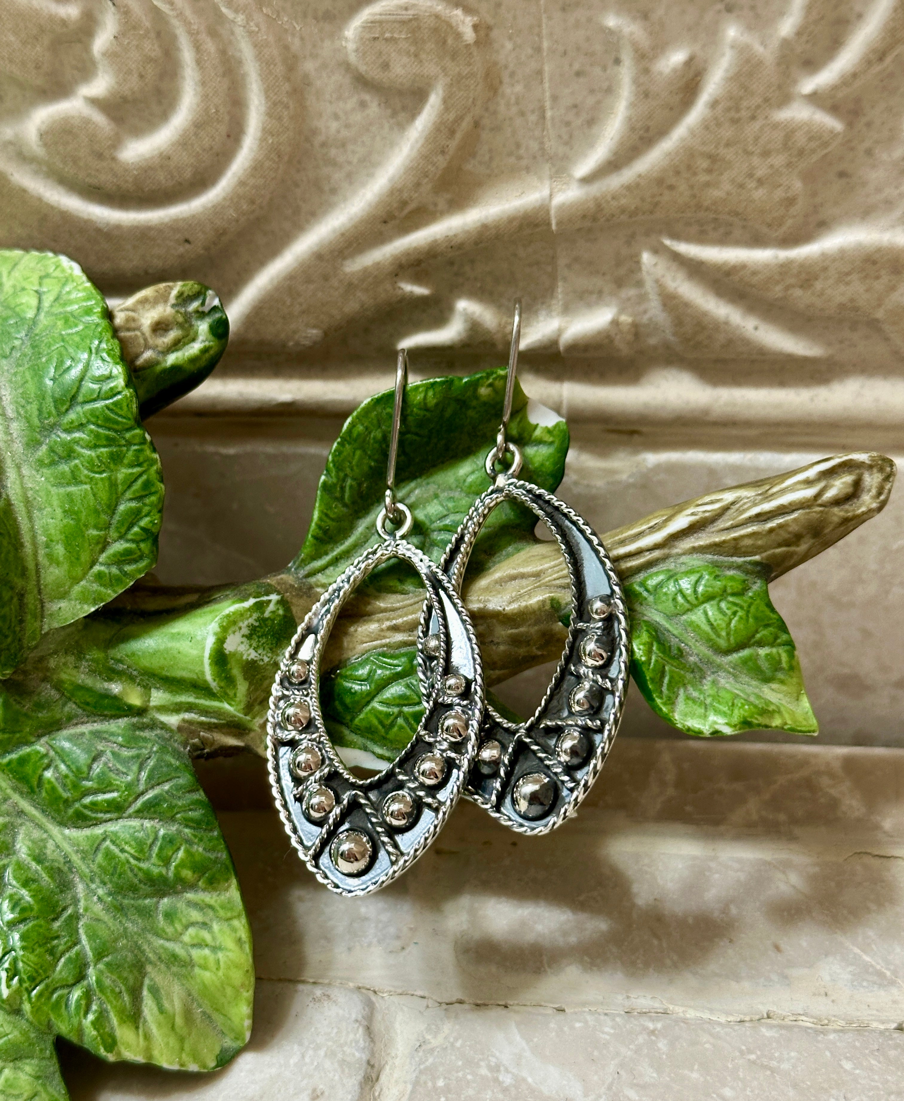 Vintage Style Beaded Sterling Silver Marquise Earrings