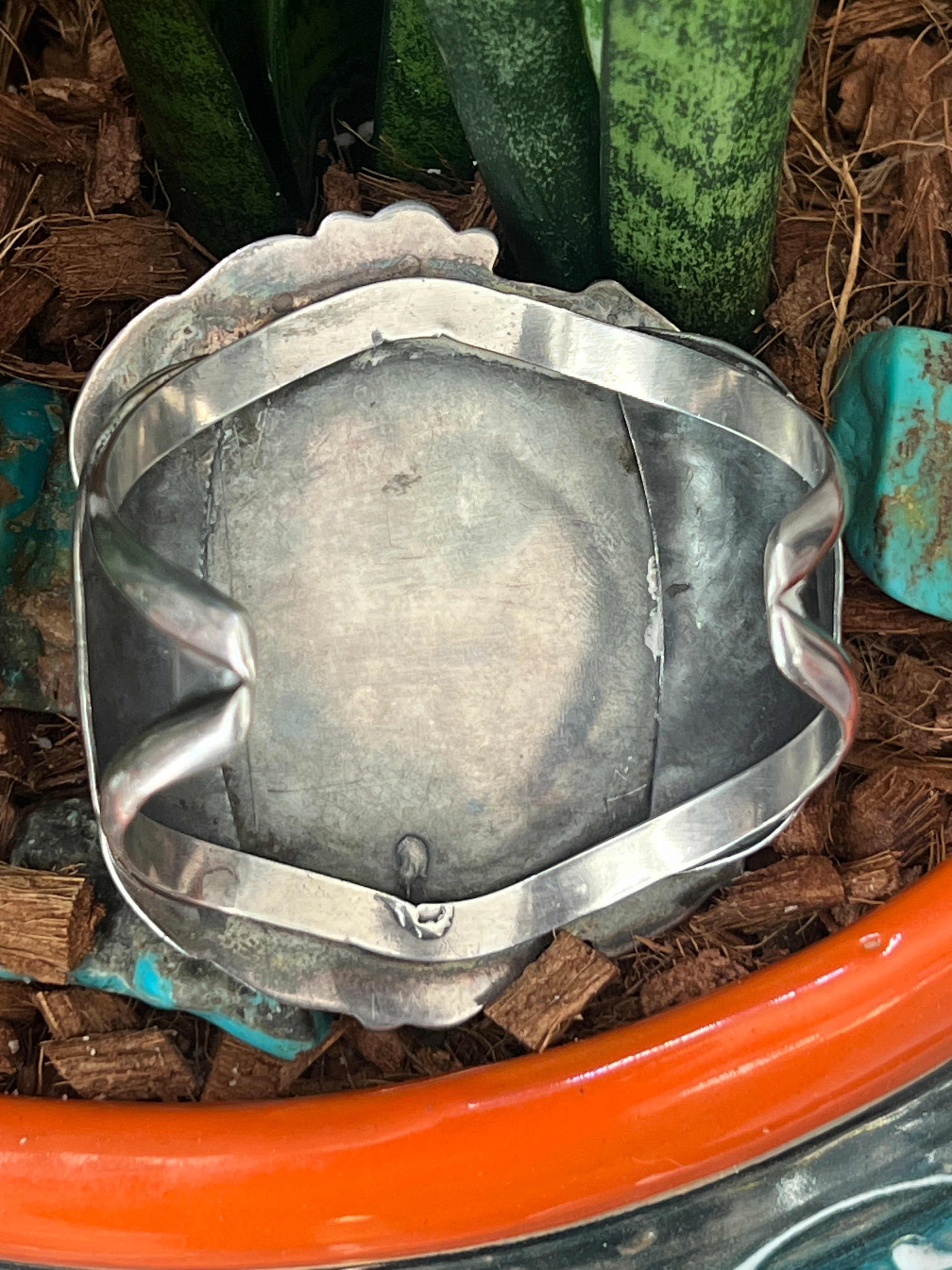 Handcrafted Vintage Sterling Silver, Turquoise and Coral Cuff Bracelet, Unsigned /