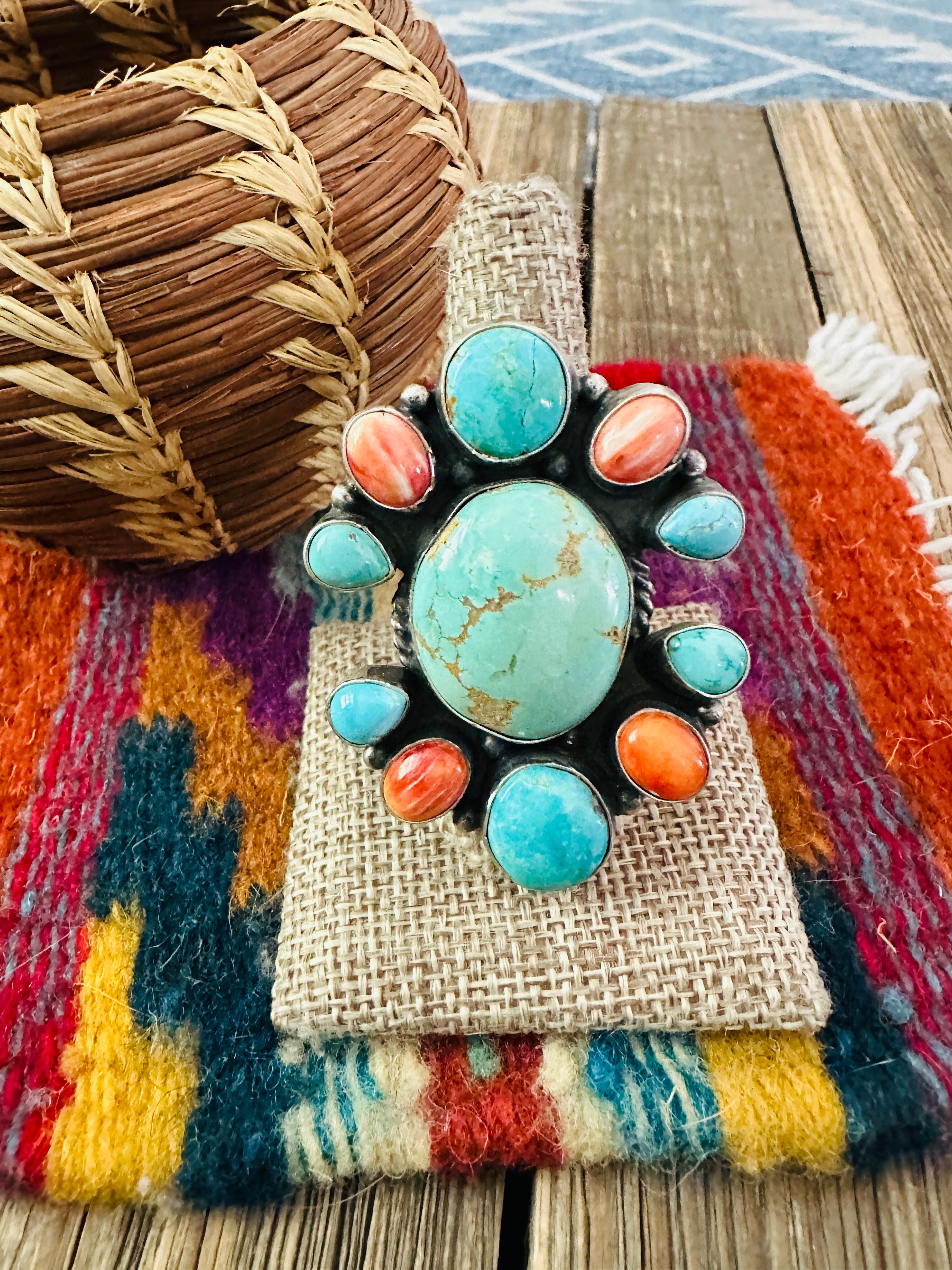 Handcrafted Spiny, Turquoise & Sterling Silver Cluster Ring Size 9.5 by Sheila Becenti