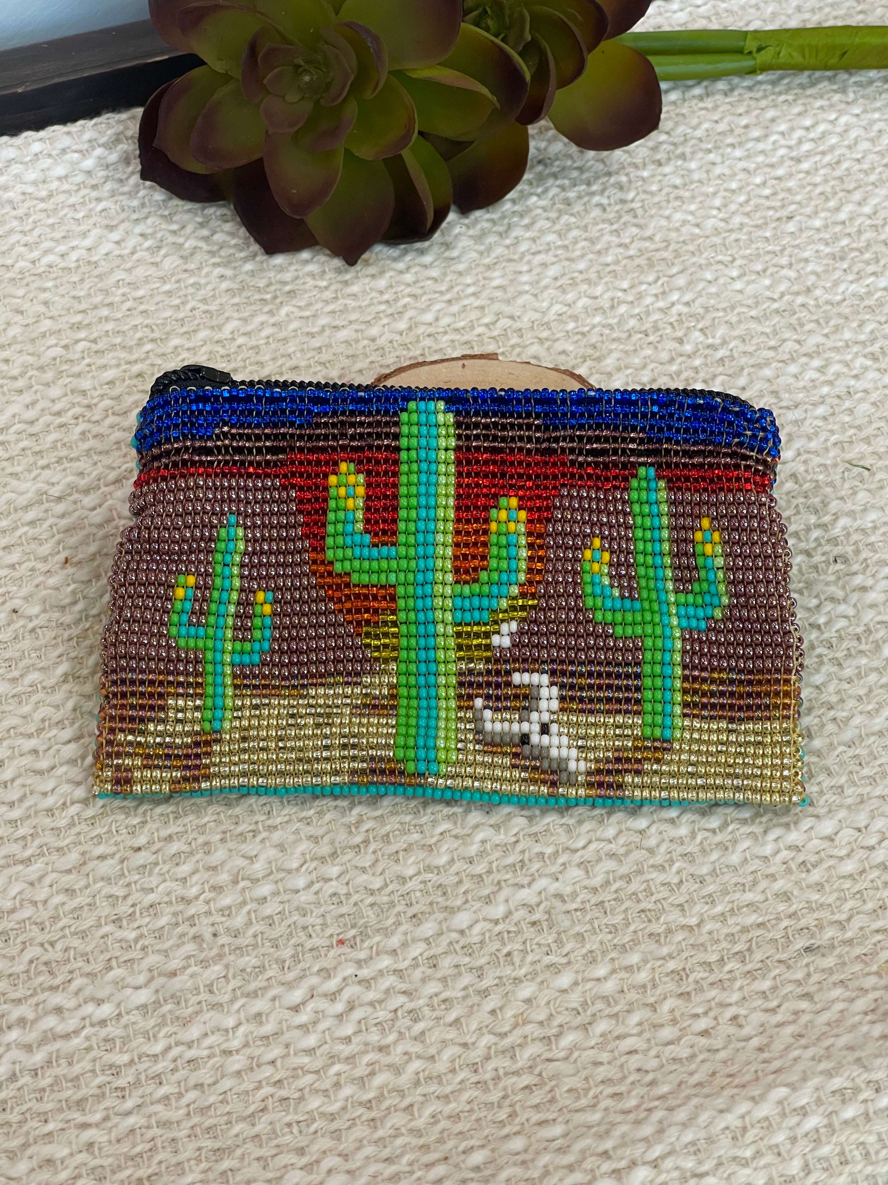 Handmade Beaded Saguaro Desert Coin Purse Light