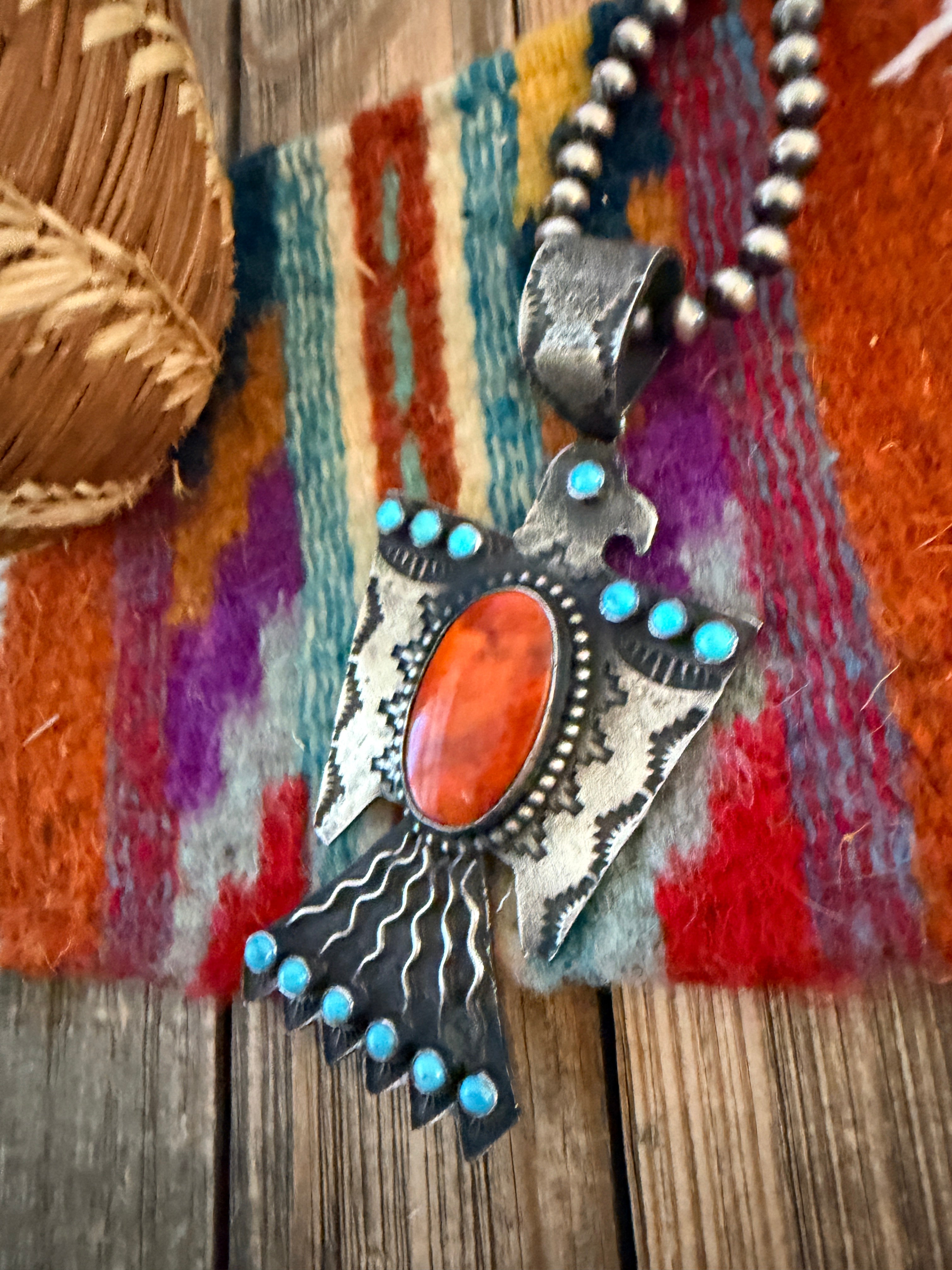 Handcrafted Sterling Silver, Turquoise & Spiny Oyster Thunderbird Pendant by Shawn Cayatineto