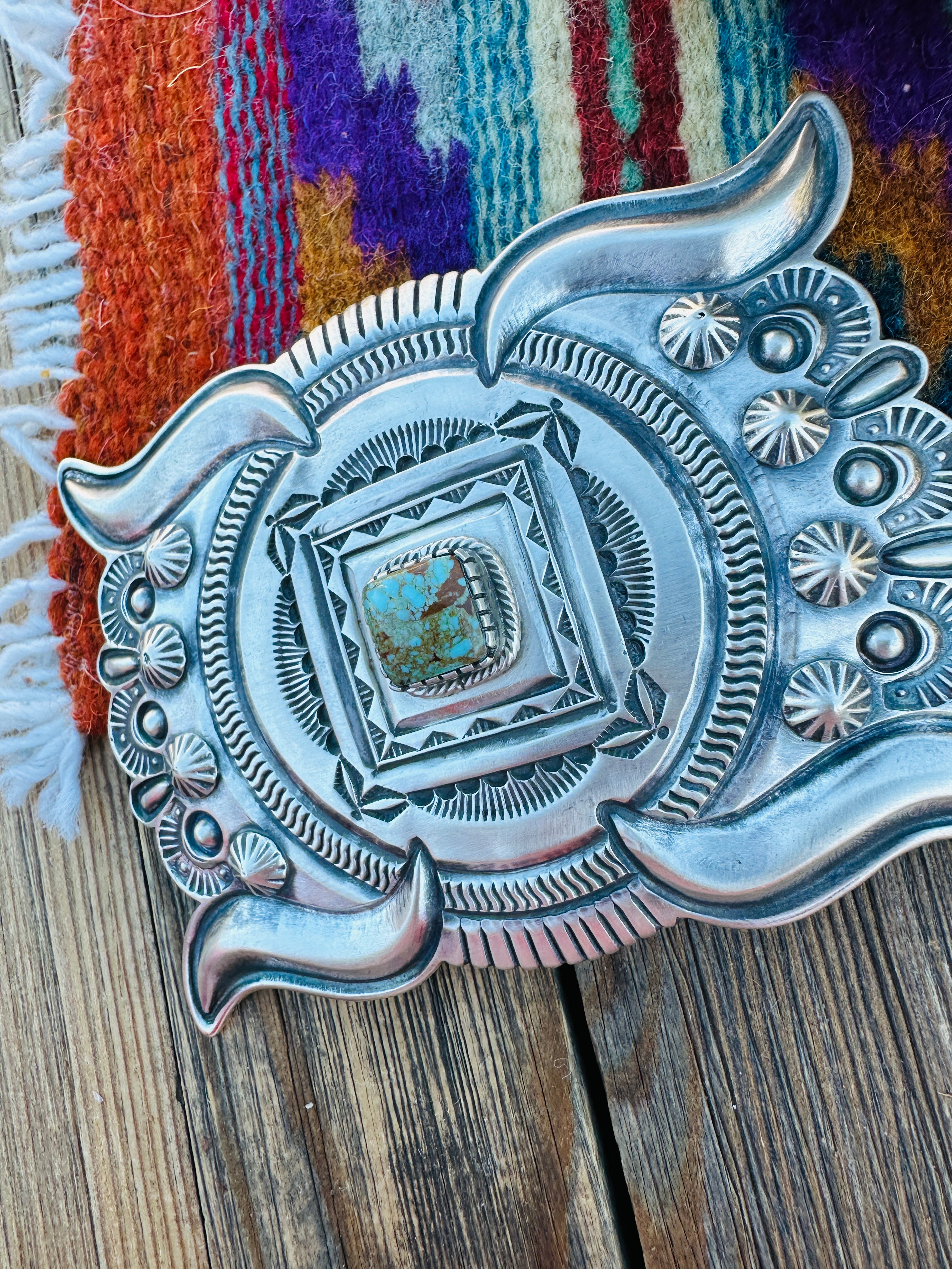 Handcrafted Number 8 Turquoise & Sterling Silver Belt Buckle by Roland Dixson