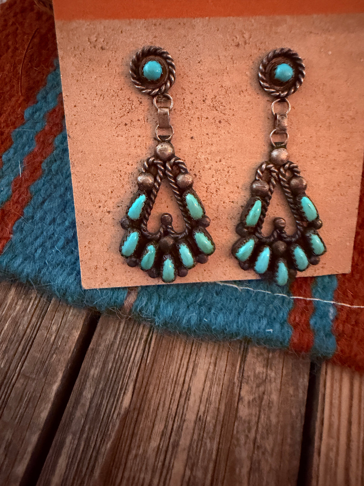 Old Pawn Handcrafted Sterling Silver & Turquoise Needlepoint Dangle Earrings