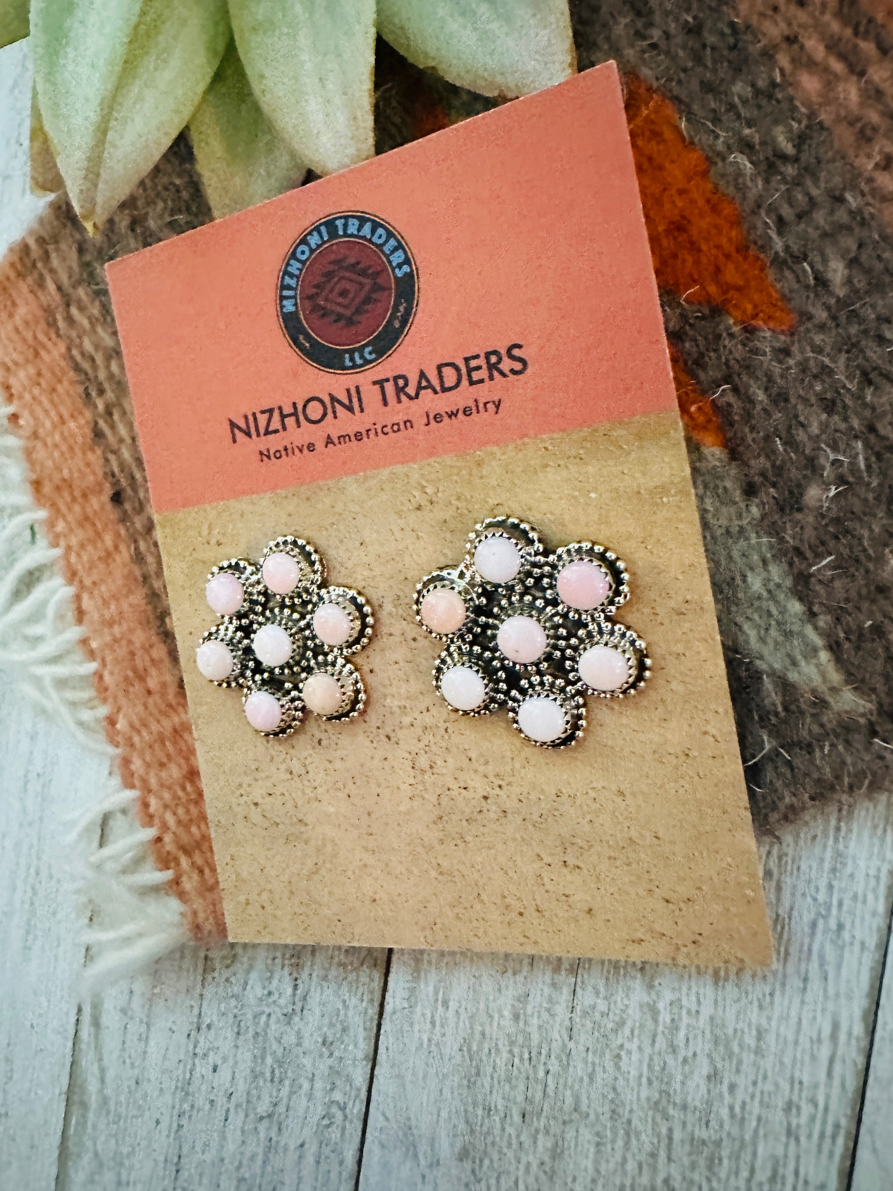 Navajo Sterling Silver & Queen Pink Conch Flower Cluster Earrings
