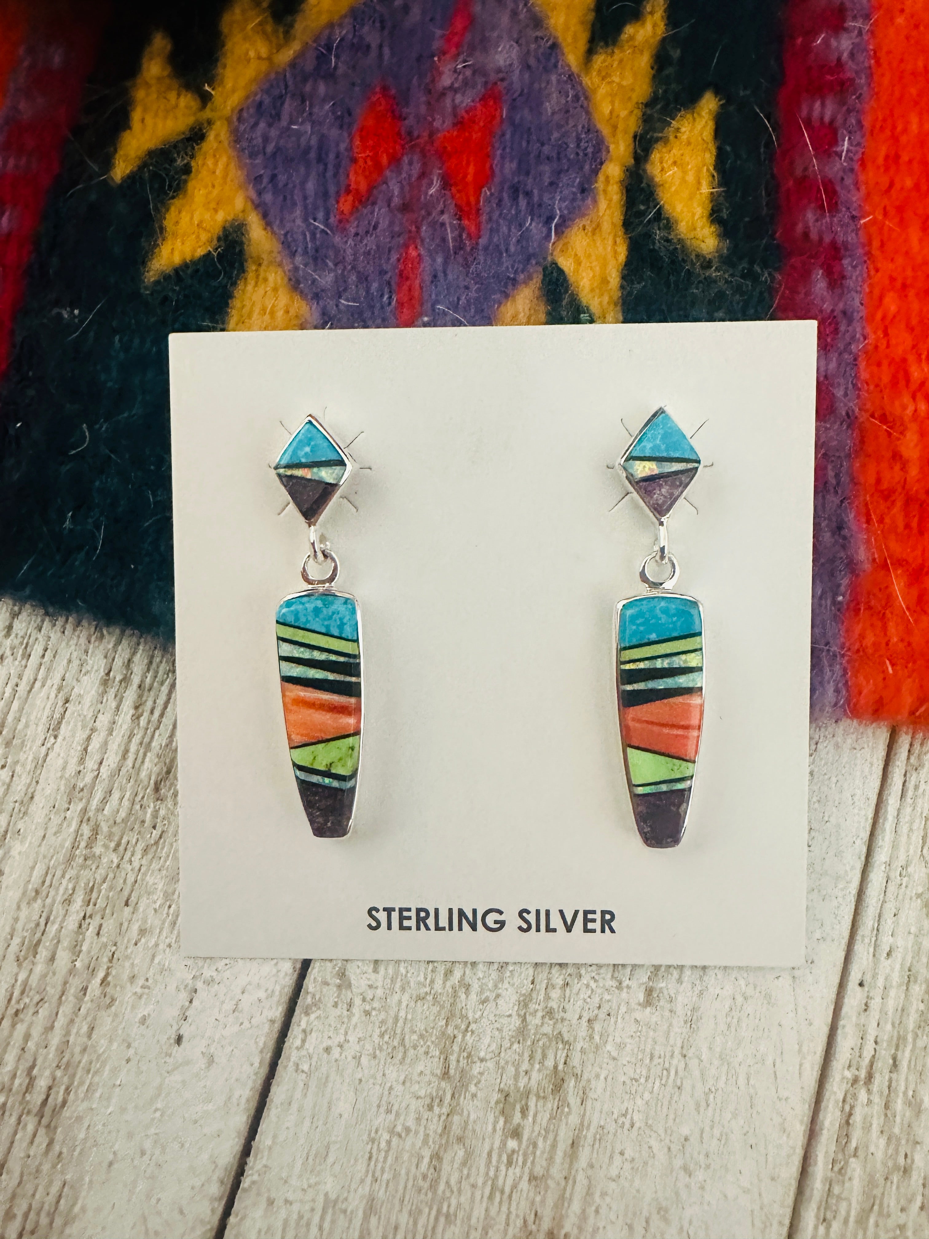 Handcrafted Multi Stone & Sterling Silver Inlay Dangle Earrings