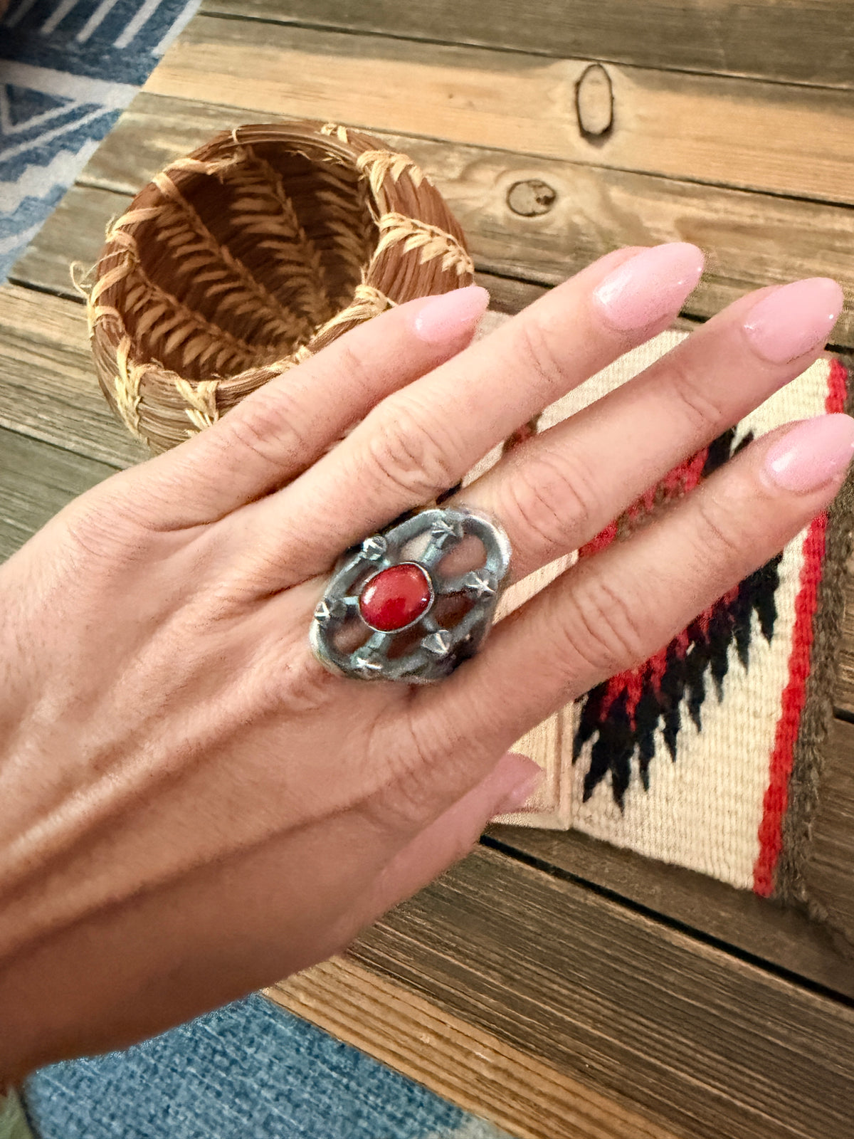 Handcrafted Coral and Sterling Silver Ring size 11 by Chimney Butte
