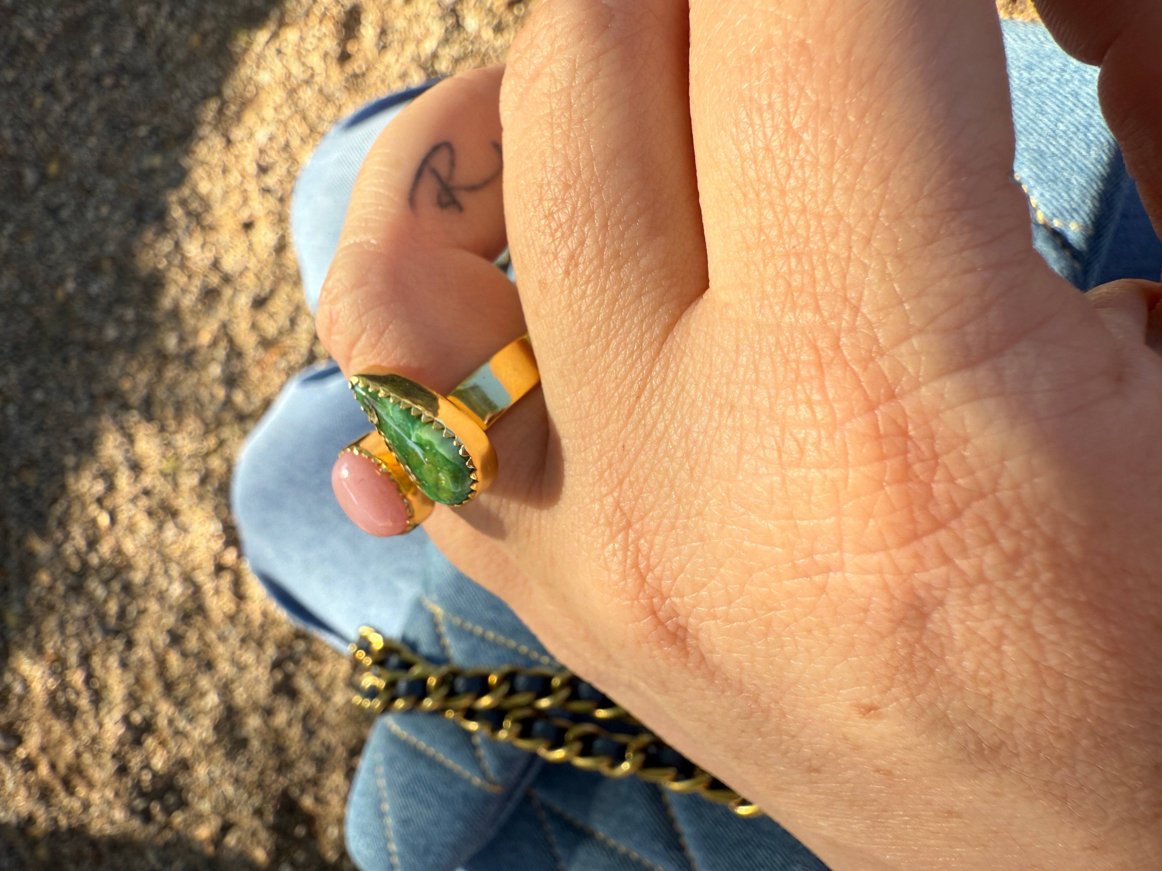 “The Golden Collection” Natural Sonoran Turquoise & Pink Opal Adjustable Ring