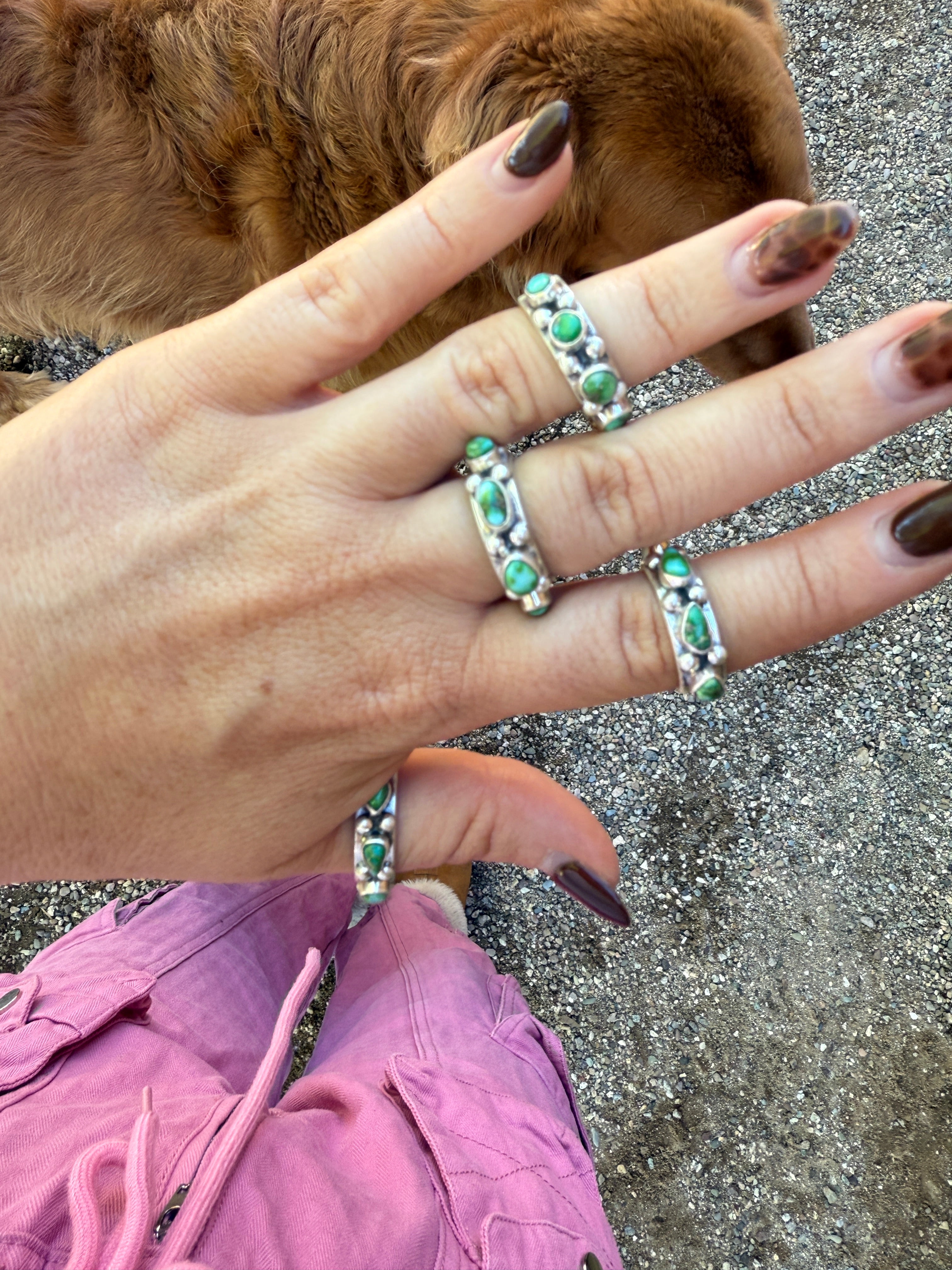 Handmade Sterling Silver Sonoran Mountain Turquoise Adjustable Rings with Signed Nizhoni