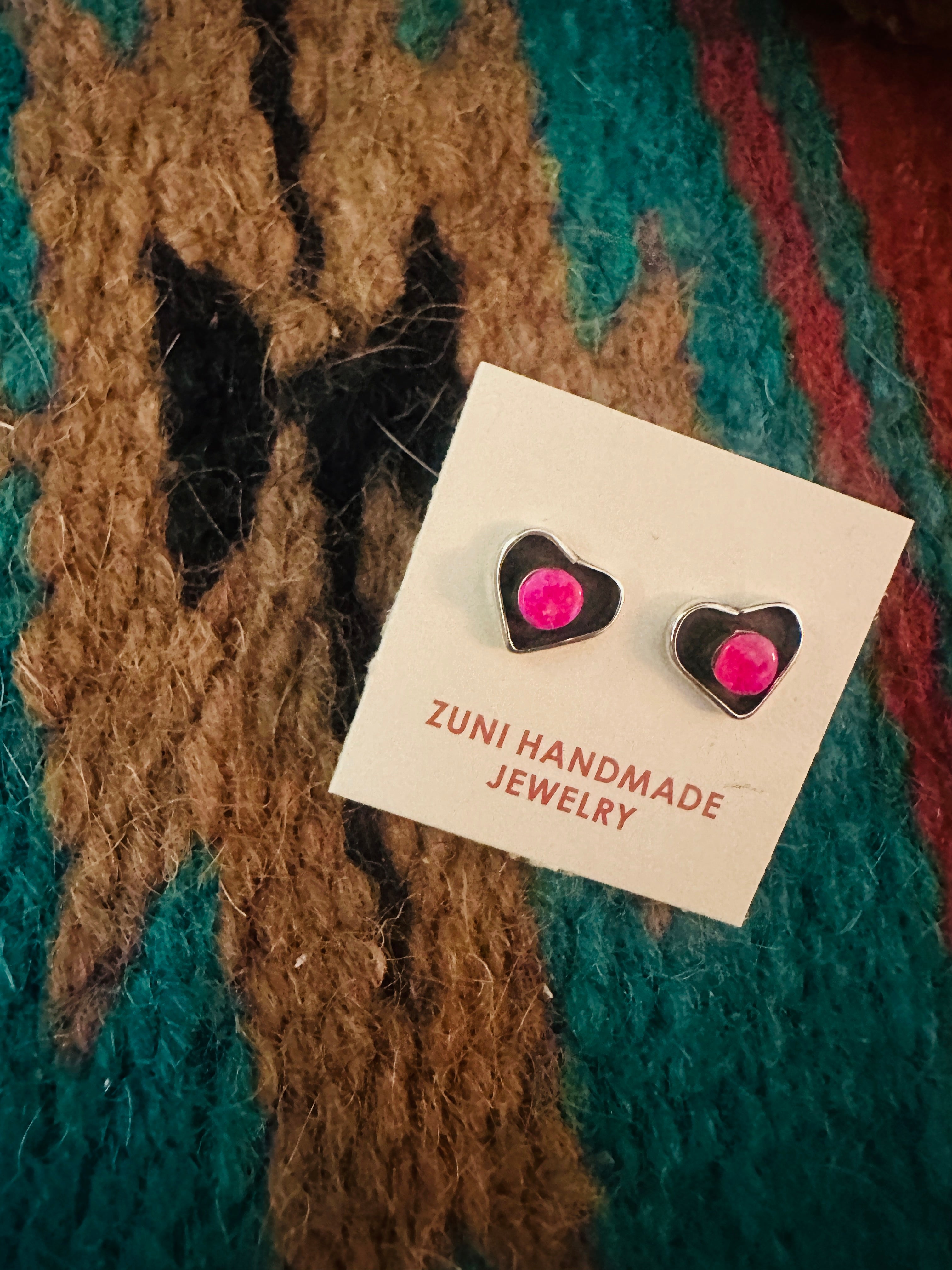 Handcrafted Sterling Silver & Pink Opal Stud Heart Earrings