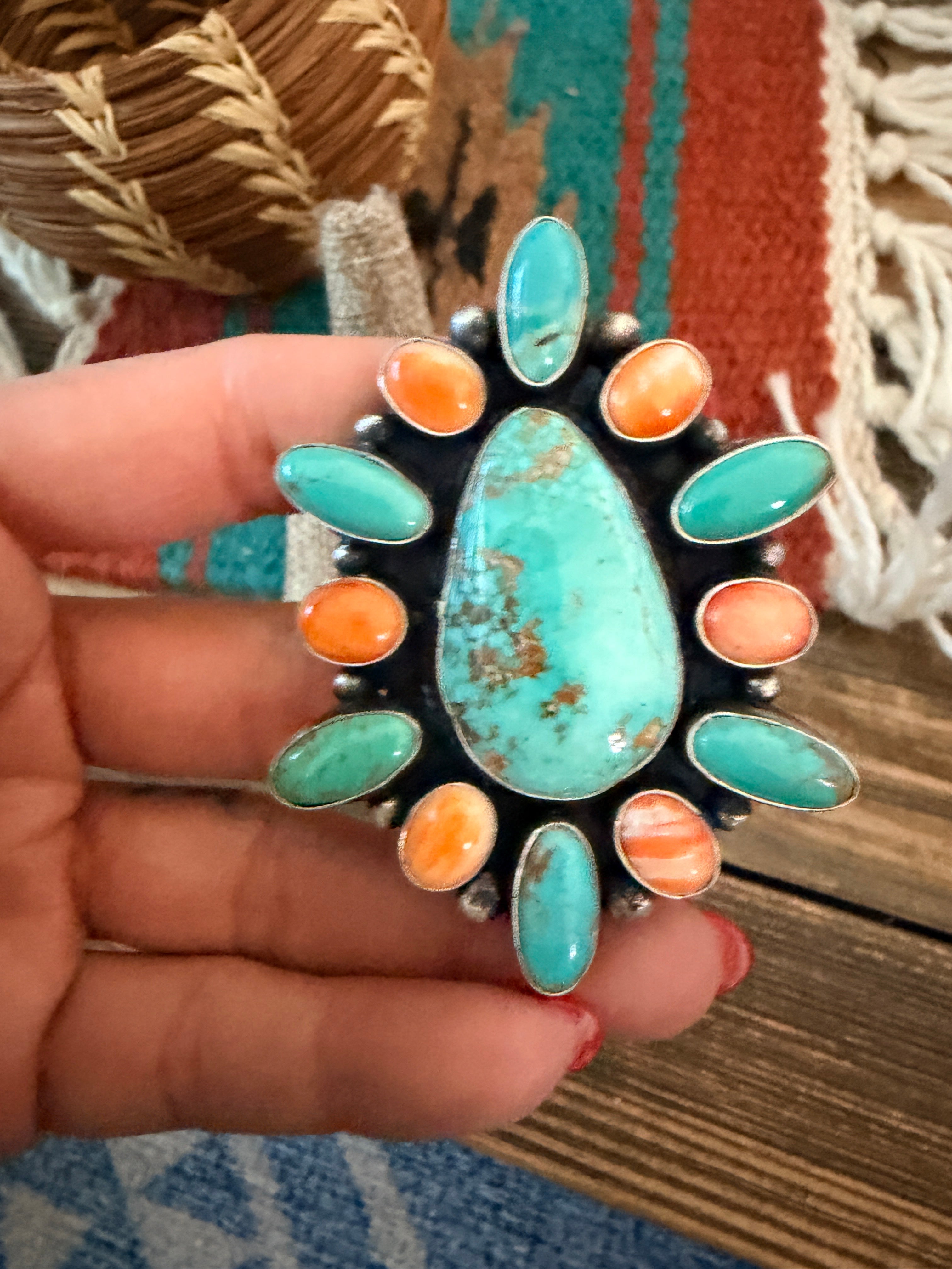 Handcrafted Spiny Oyster, Turquoise & Sterling Silver Cluster Ring by Sheila Becenti Size 12