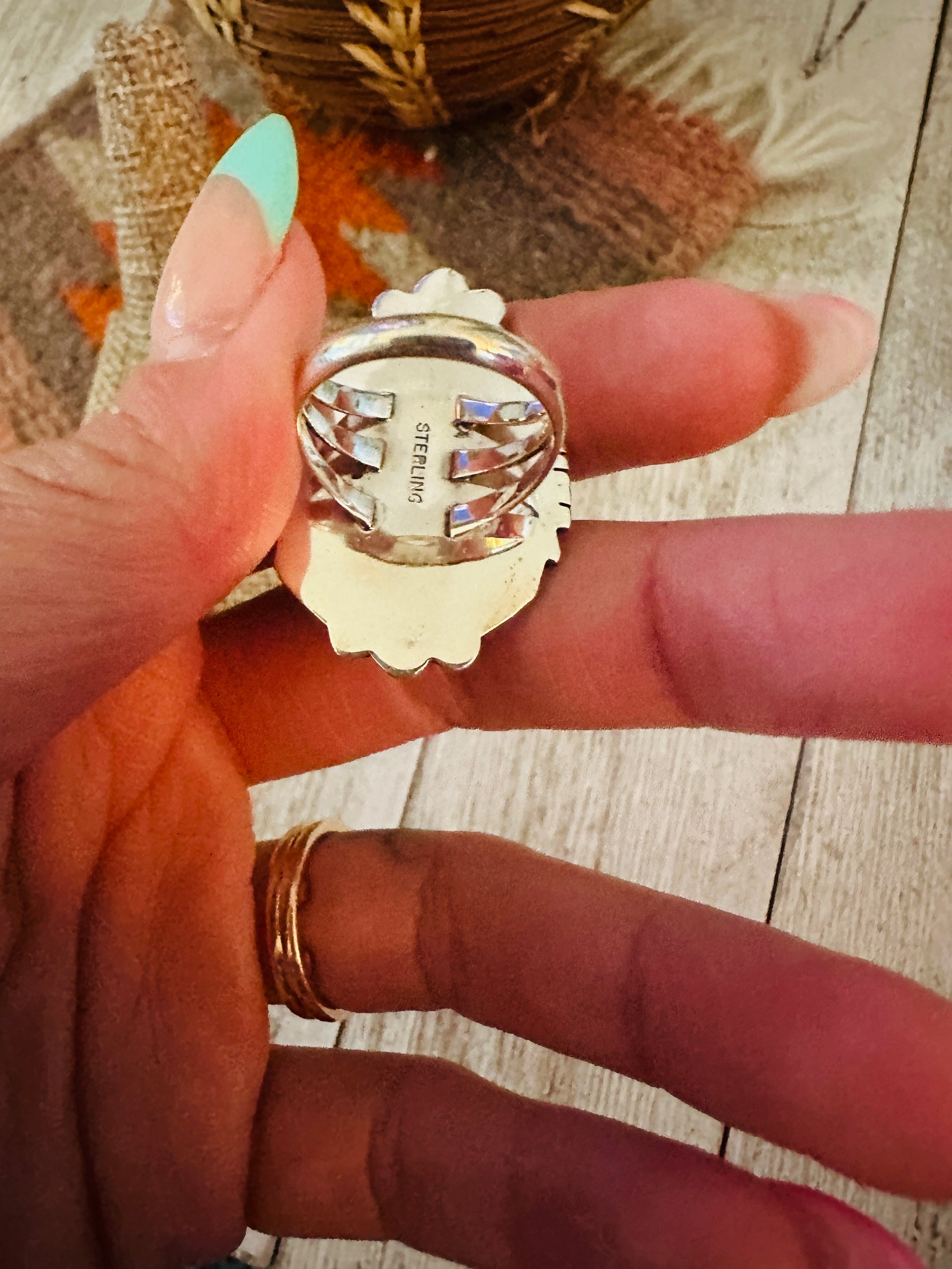 Handcrafted Turquoise & Sterling Silver Cluster Ring Size 5.5