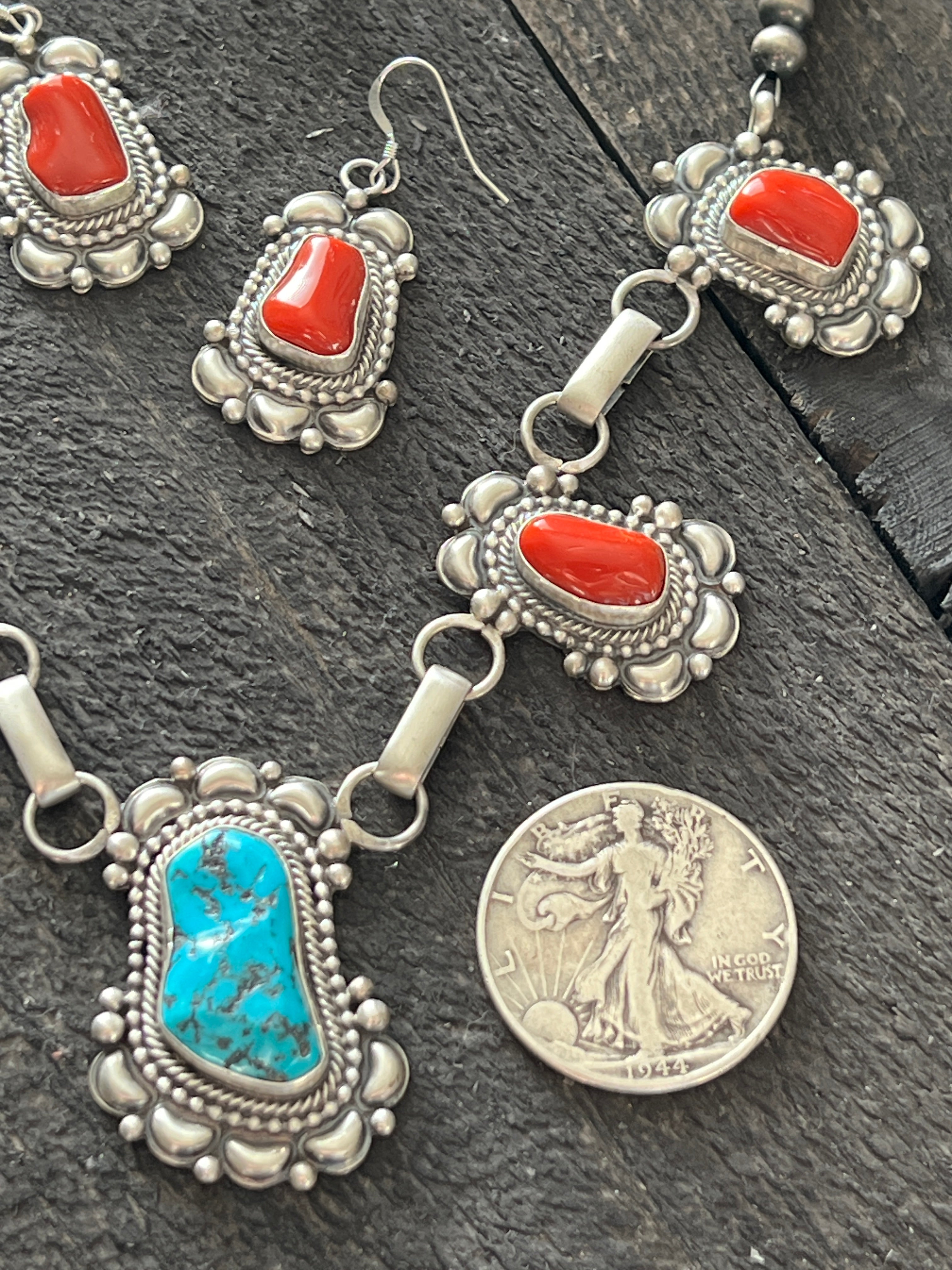 Navajo Sterling Silver, Mediterranean Coral and Sleeping Beauty Turquoise Necklace with Matching Earrings by Tom Lewis