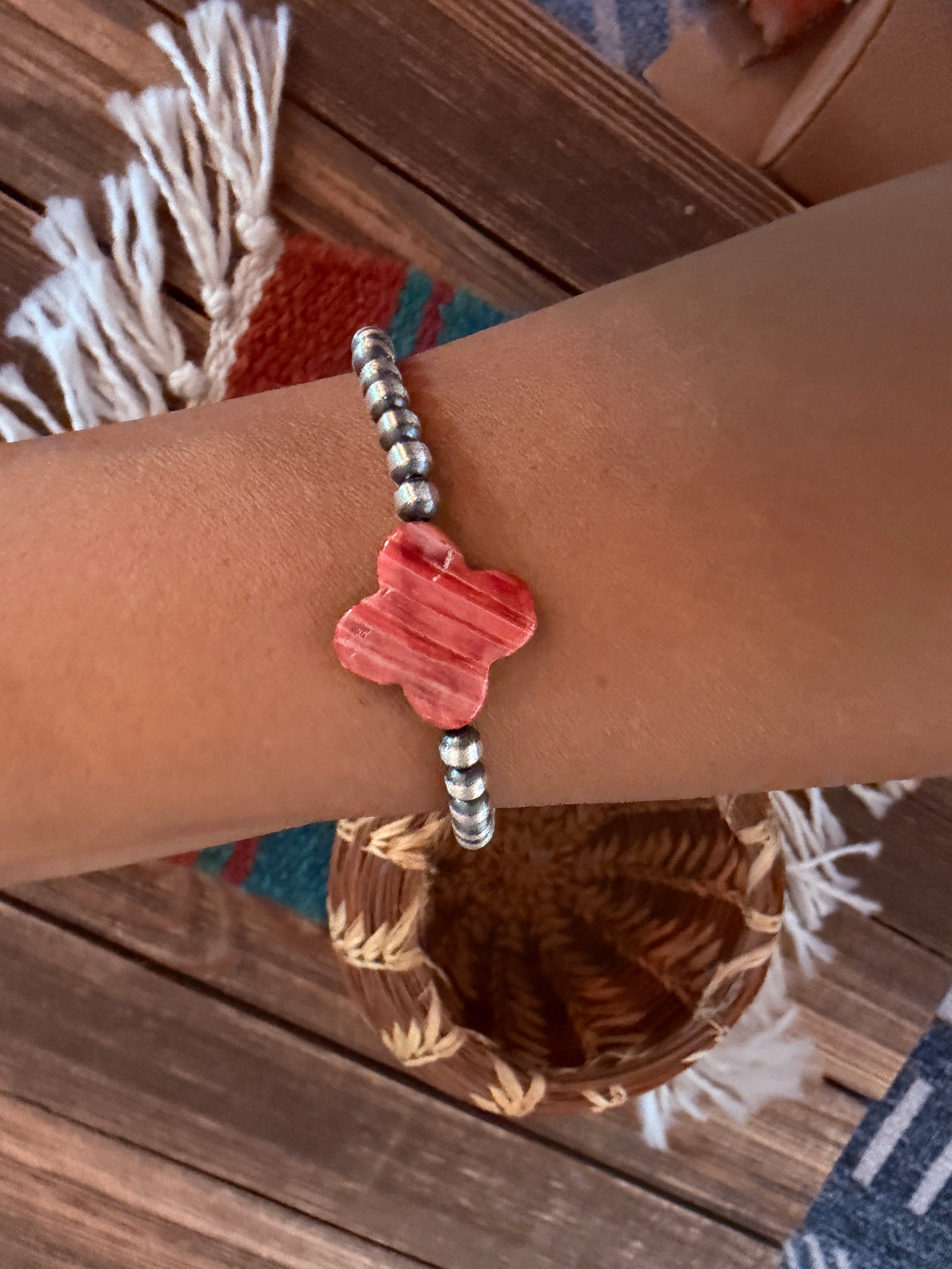 Handcrafted Spiny Oyster & Sterling Silver Pearl Cross Beaded Bracelet