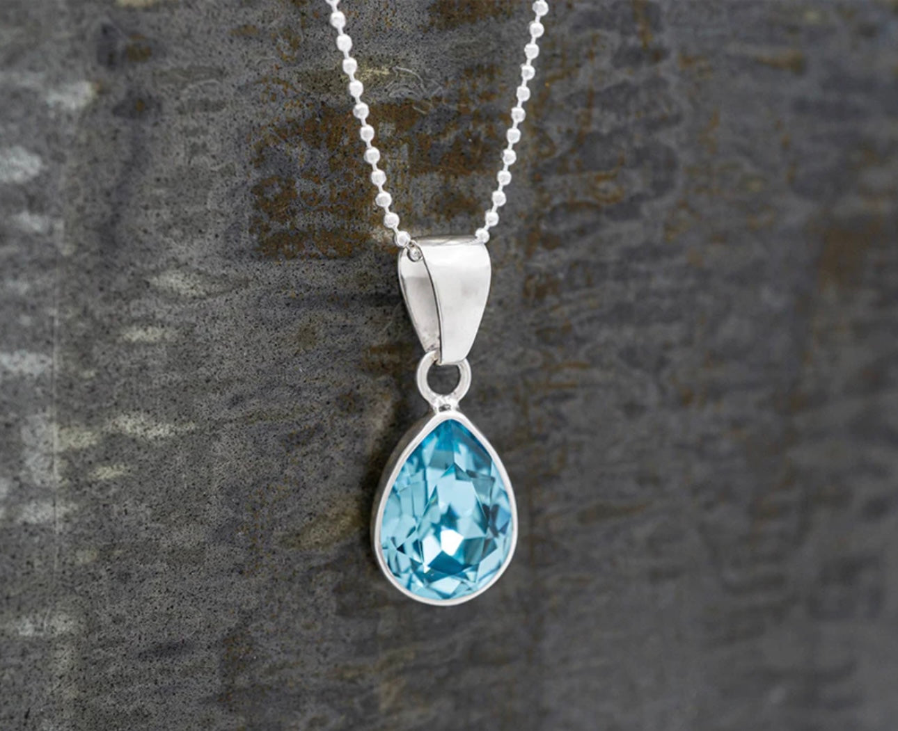 Aquamarine Blue Crystal Teardrop Sterling Silver Pendant Necklace