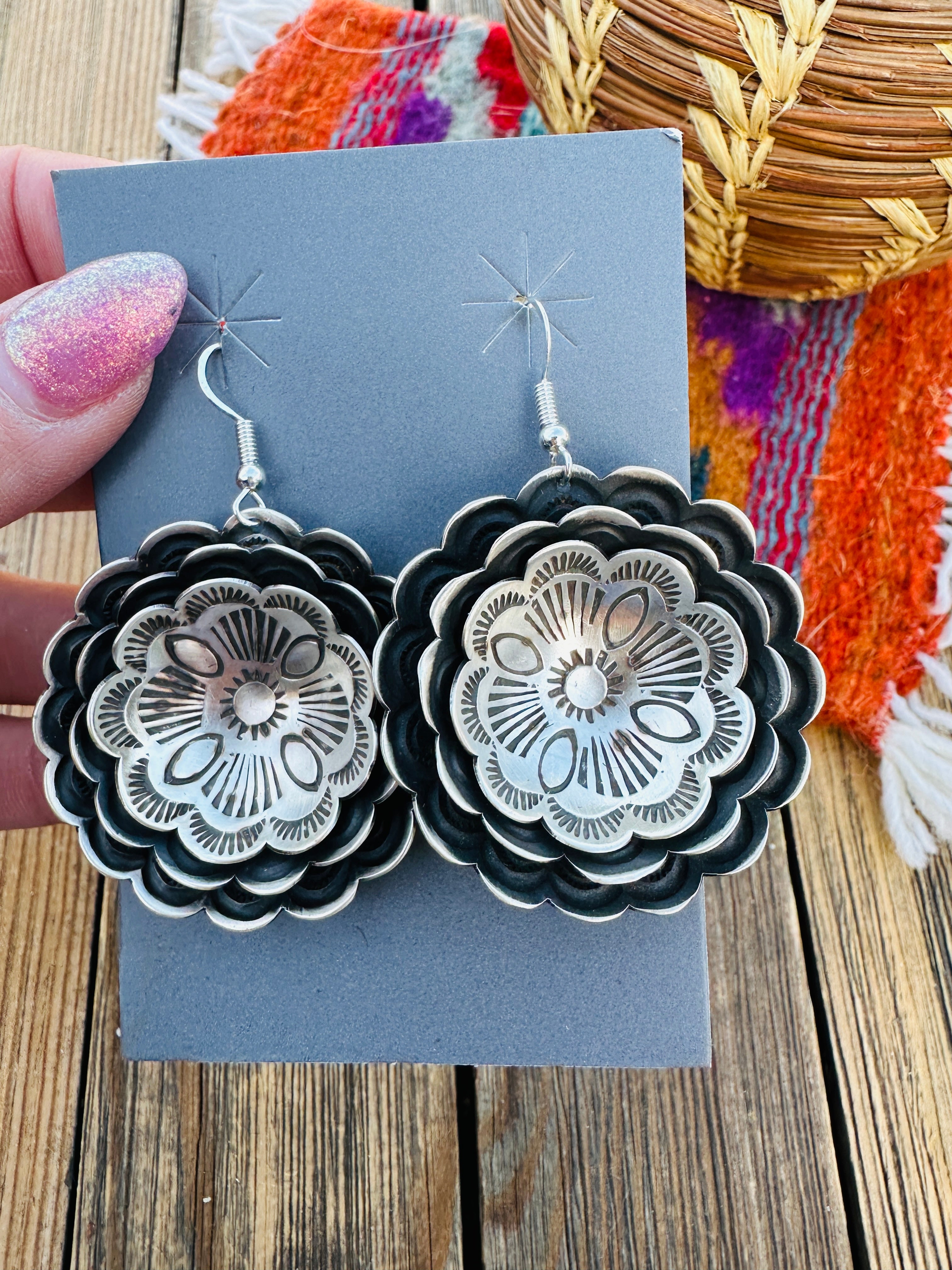 Handcrafted Sterling Silver Concho Dangle Earrings by Leander Tahe