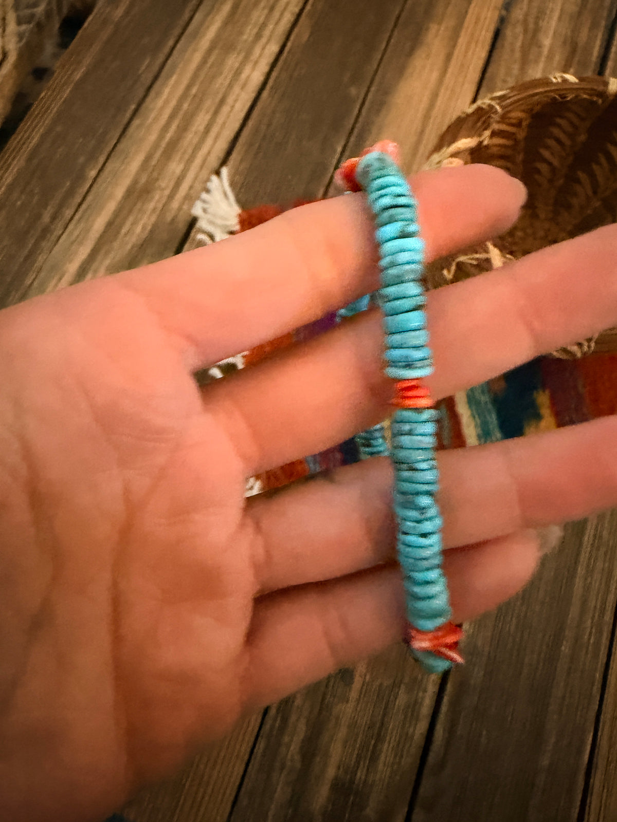 Handcrafted Turquoise and Spiny Oyster Beaded Stretch Bracelet